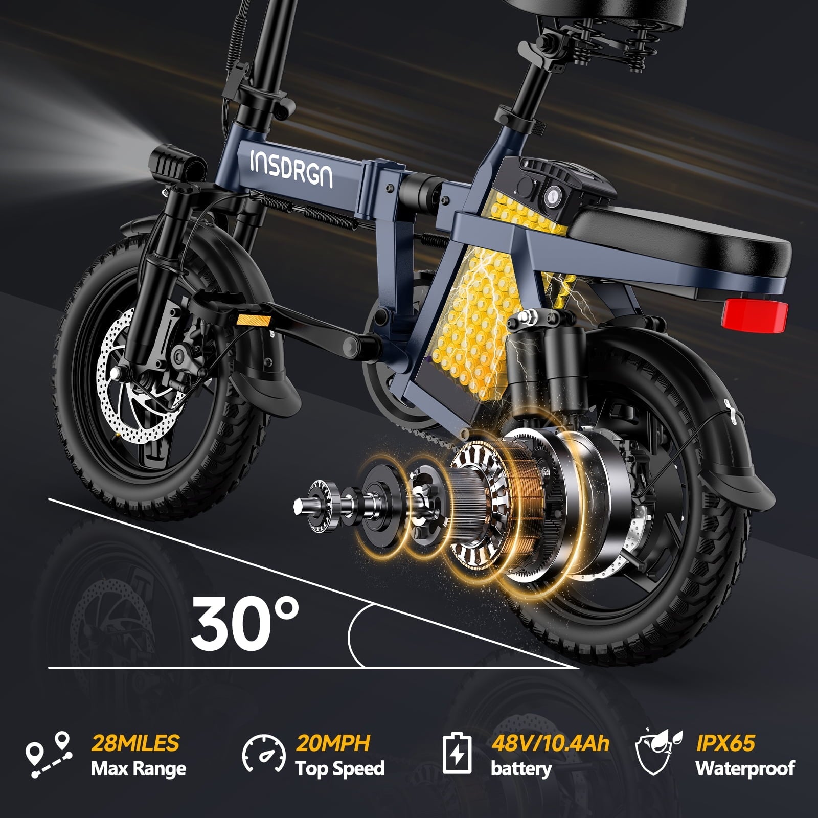 INSDRGN Folding Electric Bike for Adults Teens, 650W Peak Motor, 10.4AH 48V Battery 14 Electric Bicycles, 28 Miles Range, Mini Ebike for City Commuter, UL2849, Gray