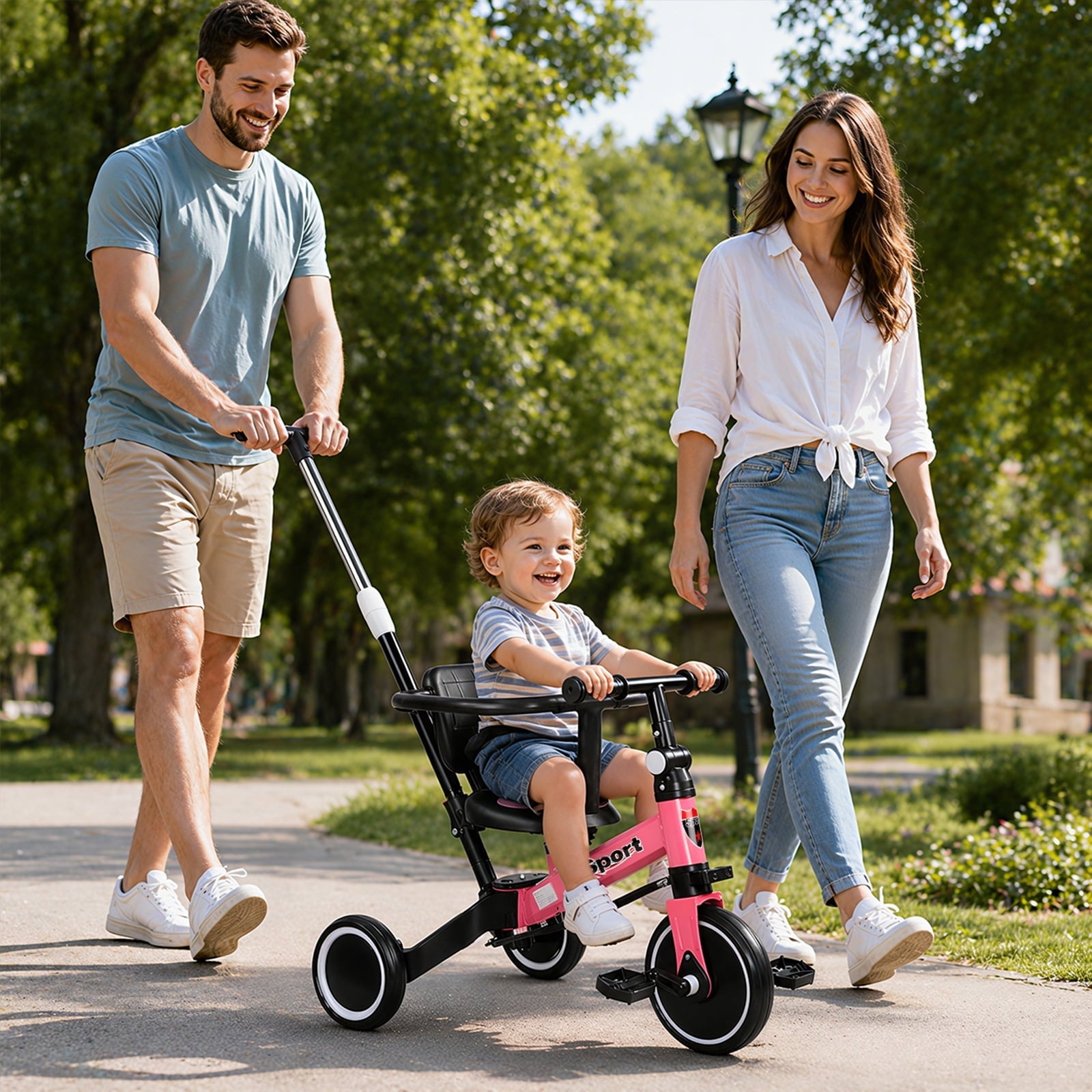 WLRETMCI 7 in 1 Toddler Bike, Tricycle for Toddlers 1-5 Year Old with UV Canopy, Balance Bike with Parental Control Handle, Adjustable Seat Height, Removable Pedal, Backrest (Pink)