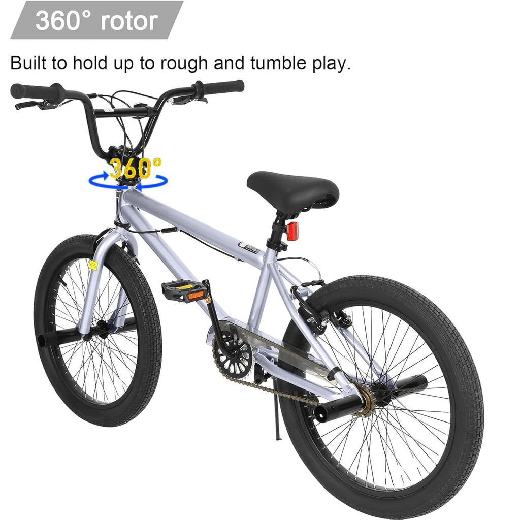 Hykolity 20 inch BMX Bike Freestyle Cycling Trick Bicycle with 4 Pegs for Teenage Adults Men Women Beginners Street Stunt Bike V-Brake Silver