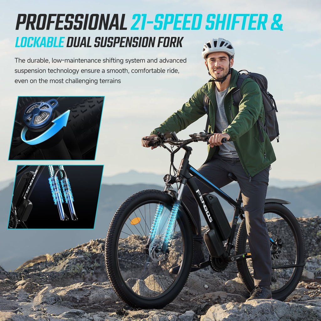 FENGQS 27.5 Electric Bike for Adults, 2000W Peak Power Motor Ebike, 35MPH 80Miles Electric Mountain Bike with 17.5AH Removable Battery-UL 2849, 21-Speed, White