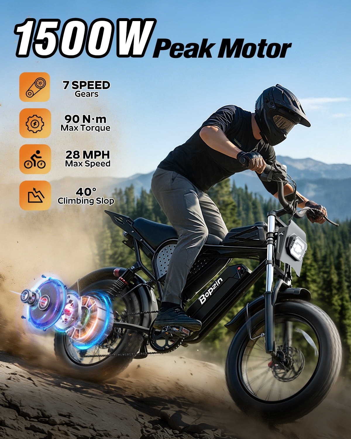 Bopzin Electric Bike for Adults, Peak 1500W App & Anti-Theft, 48V/25Ah, 20x4.0 Fat Tire Ebike, UL2849 E-Mountain Bike