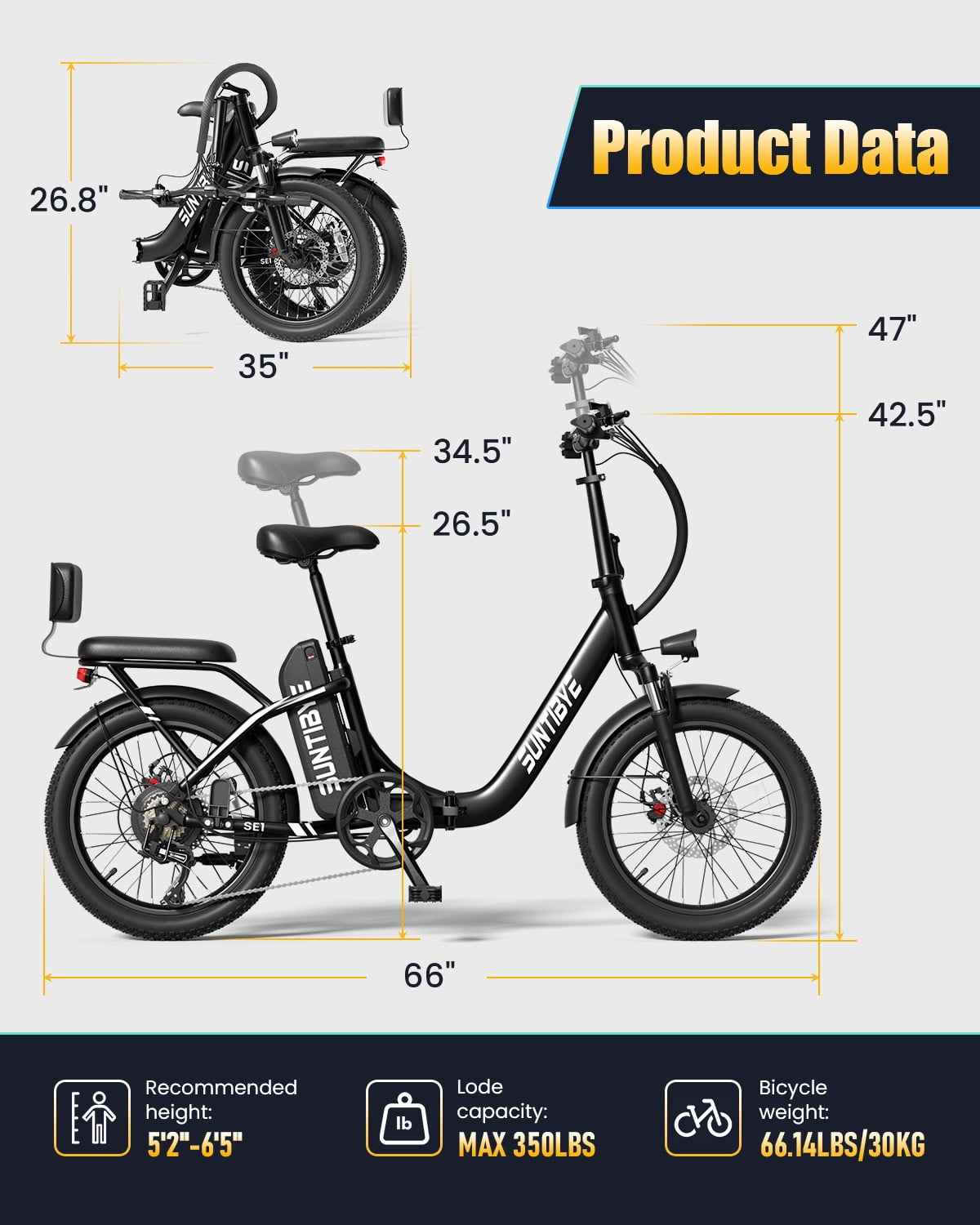 SUNTIBYE SE1 Folding Electric Bike for Adults, 1000W Motor, 28MPH, 48V 15Ah Battery, 20 Fat Tire E-Mountain Bike, UL2849, Black