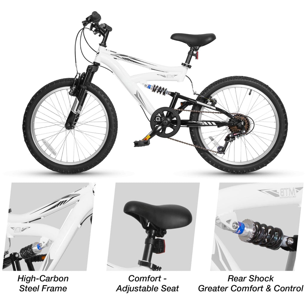 Hykolity Kids Mountain Bike 20 inch MTB Bicycle Age 6-12 Years Height 42-56 in Tween Cycling Full Suspension Sport Outdoor Bikes - Matte Black