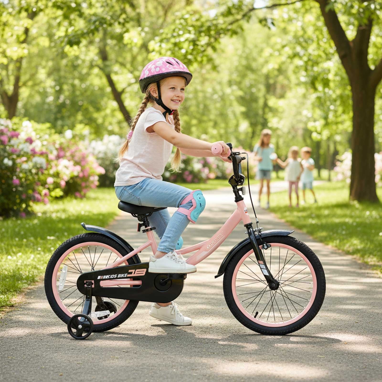 Costway 18 Inch Kids Bike with Training Wheels, Dual Brakes, Adjustable Seat & Handlebar Height Pink