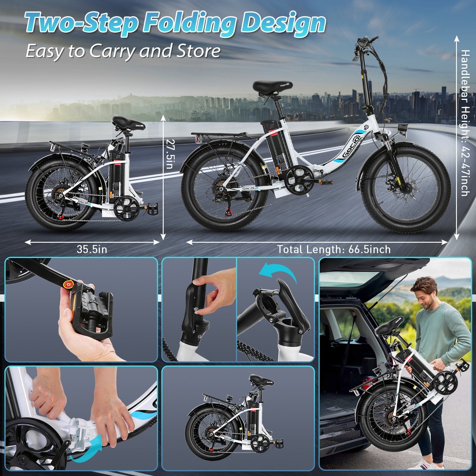 Gocio 20 Folding Electric Bike for Adults, 750W Peak Motor Fat Tire Commuter Ebike, 48V 10.4Ah Battery, 7 Speed, UL2849