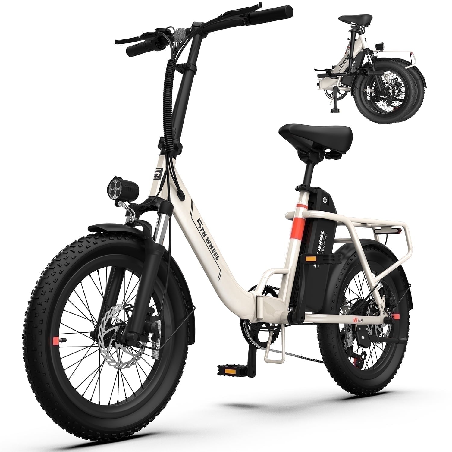 5TH WHEEL W11B 20 Fat Tire Electric Bike, 500W Foldable Adult E-bike with 48V 15.6Ah Removable Battery, Electric Bicycle with 7 Speed, UL2849, White