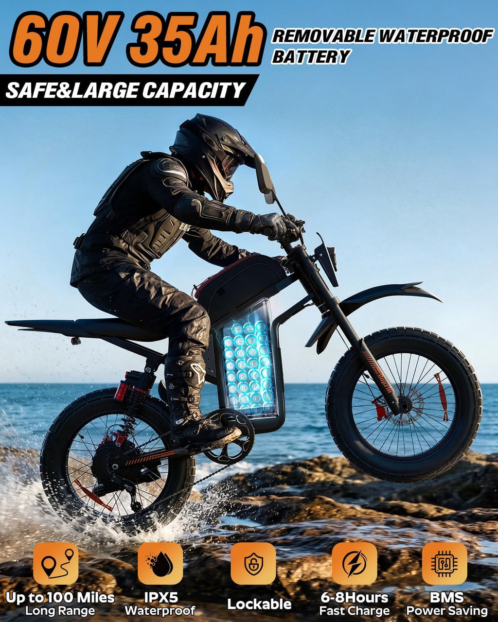 3000W Off-Road Electric Motorcycle, 60 Miles Long Range, 48V 30Ah Battery, 14 Fat Tire Trail Bike for Teens UL2849 Certified