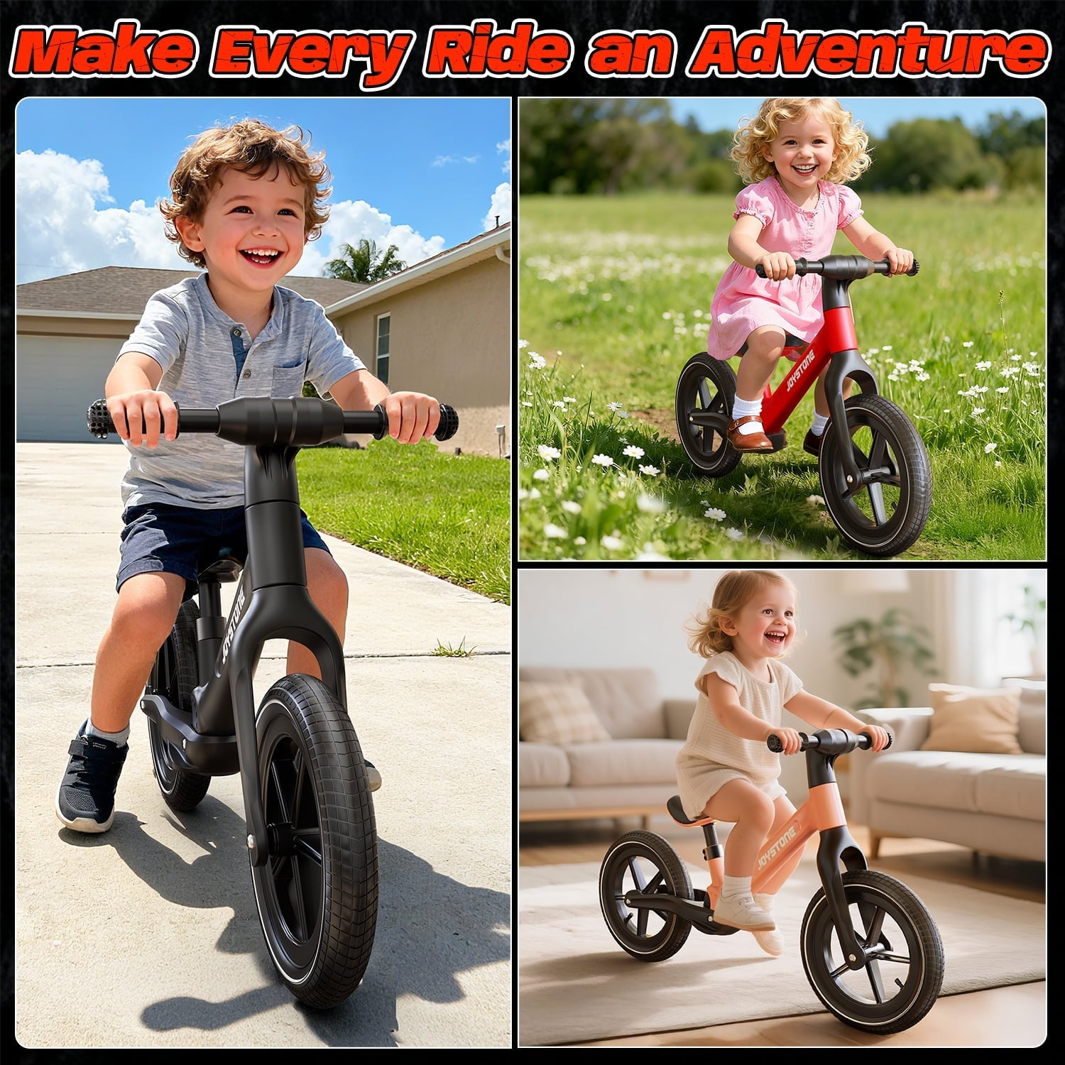 JoyStone 14 Inch Balance Bike for Kids, Toddler Balance Bike with Air Rubber Tires, Adjustable Seat, Lightweight No Pedal Training Bicycle, Gift Bike for 2-6 Boys Girls, Black