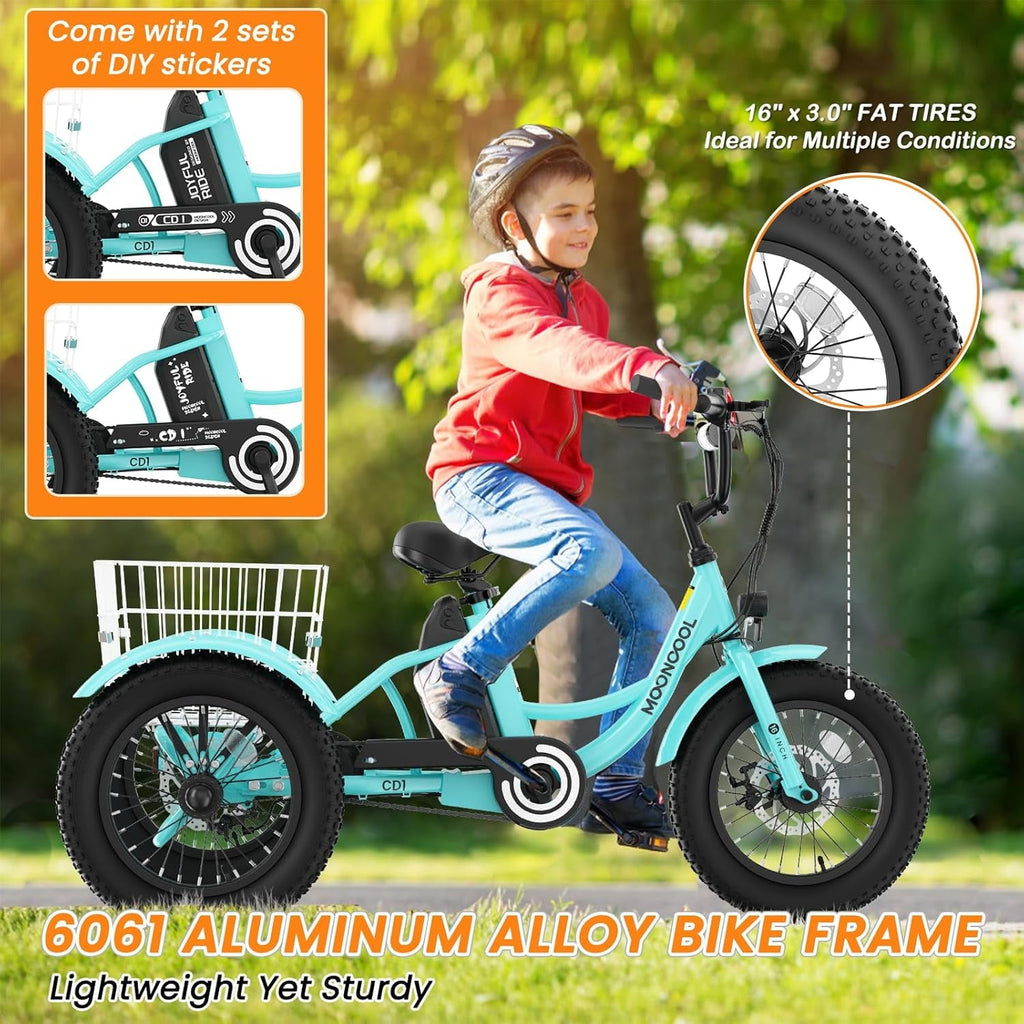 MOONCOOL Electric Tricycle for Kids ,16x3 3 Wheel 250W 10.4Ah Etrike W/ LED headlight & Rear Basket & horn bell & DIY stickers .6/9/12.5 MPH