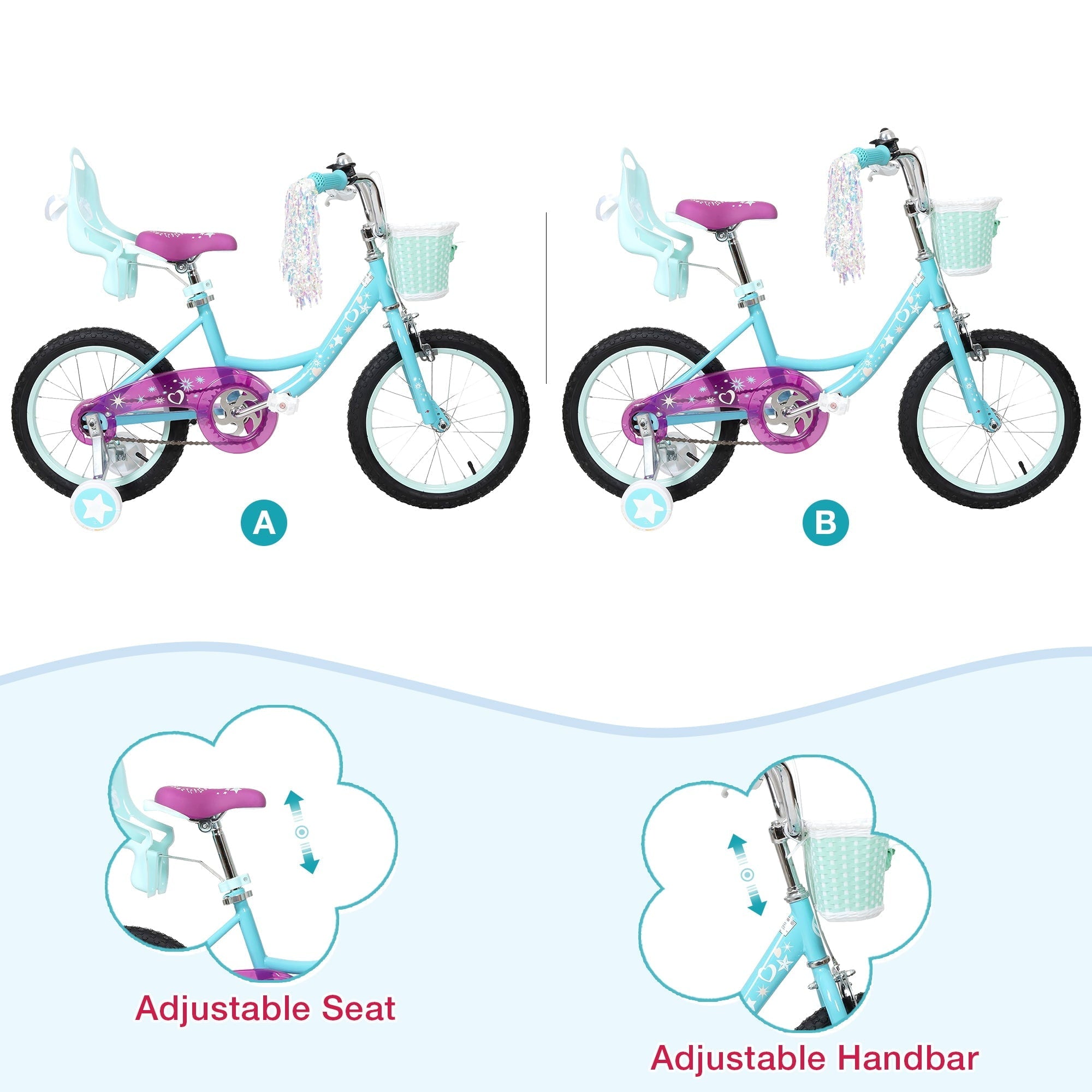 Hykolity 14 inch Girls Bike Princess Bicycle for Age 3-5 Years Old Rider Height 35-47 inch includes Training Wheel Basket Doll Seat Aqua Blue