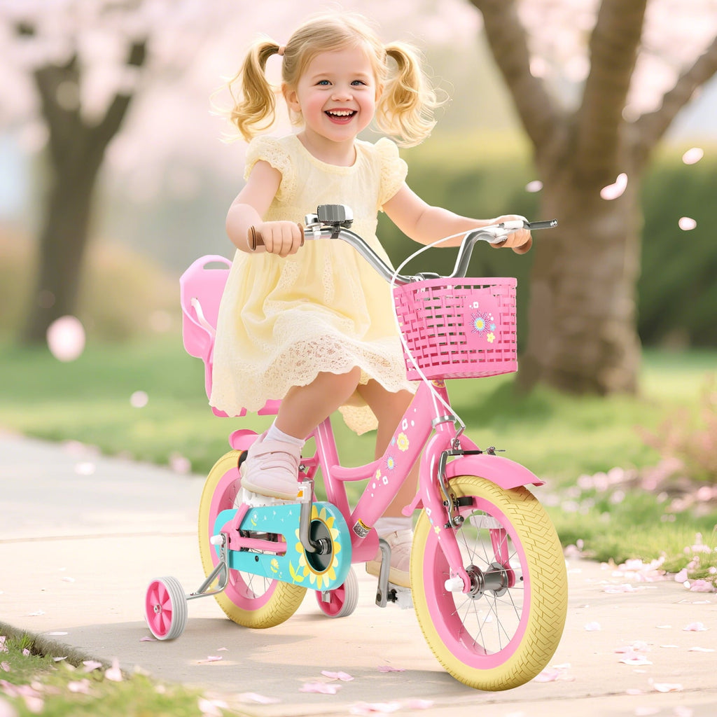 KORIMEFA Bikes for Girls 3-6 Years Old Toddlers, 12 inch Girls Bike with Training Wheels, Basket and Doll Seat, Children Bicycles with Handbrake, White