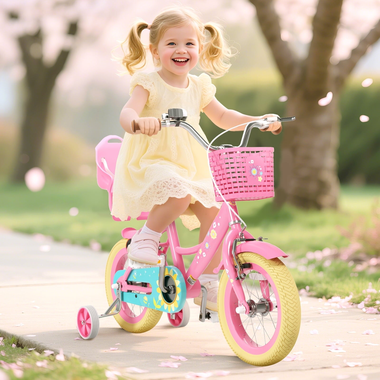 KORIMEFA Bikes for Girls 3-6 Years Old Toddlers, 12 inch Girls Bike with Training Wheels, Basket and Doll Seat, Children Bicycles with Handbrake, White