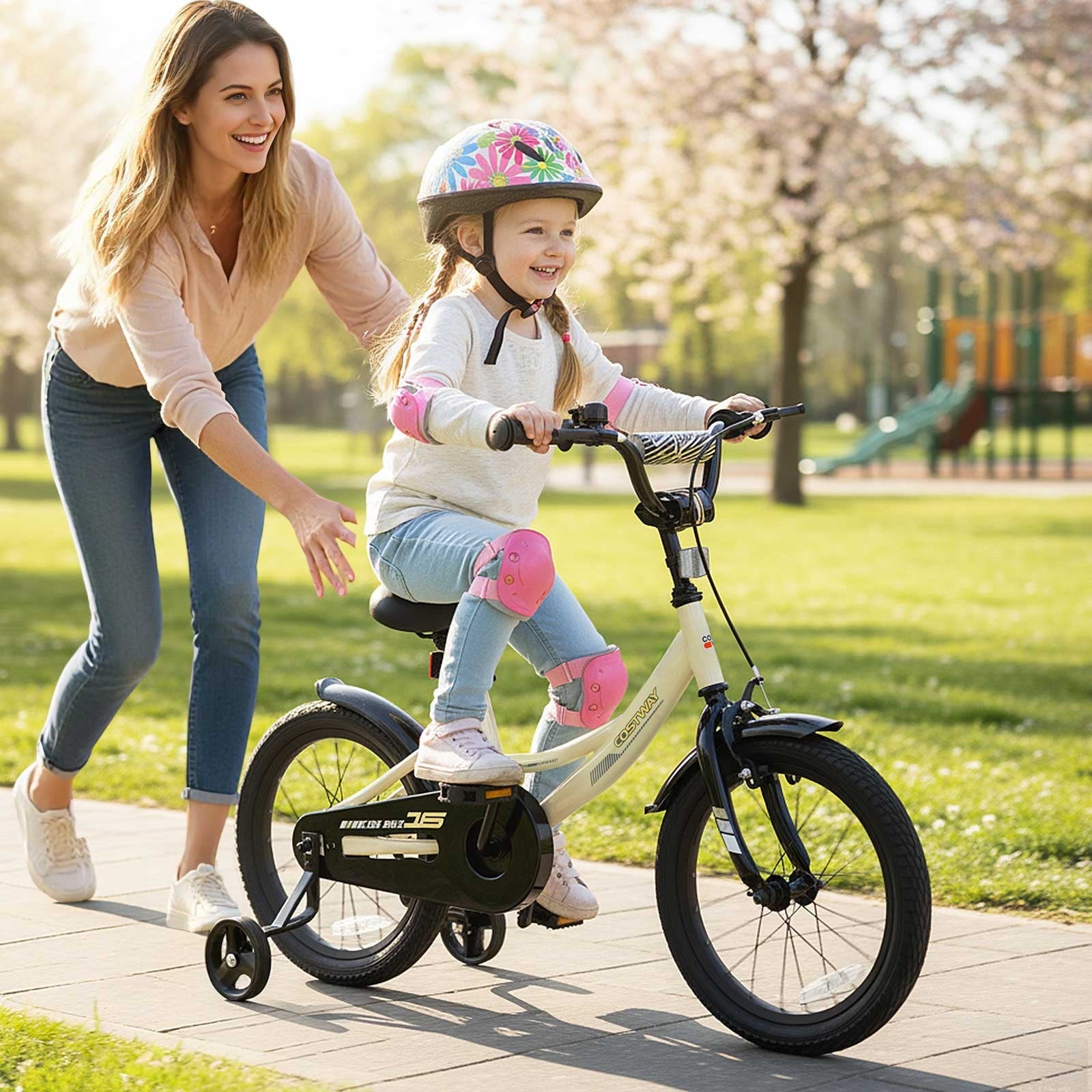 Costway 18 Inch Kids Bike with Training Wheels, Dual Brakes, Adjustable Seat & Handlebar Height Pink