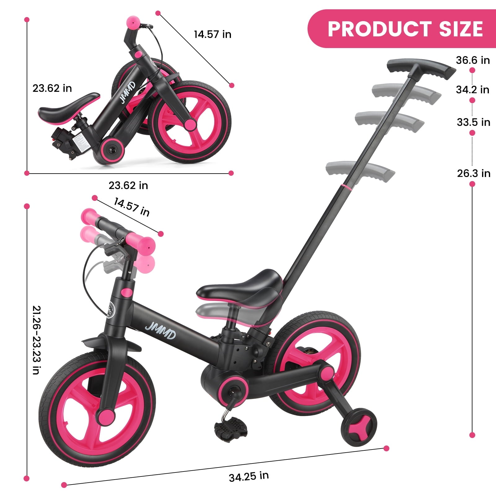 JMMD Toddler Bike with Push Handle for Kid 18-60 Months, 6 in 1 Foldable Tricycle with Training Wheel, Pedals, Kid Balance Bike for Boy & Girl, Black