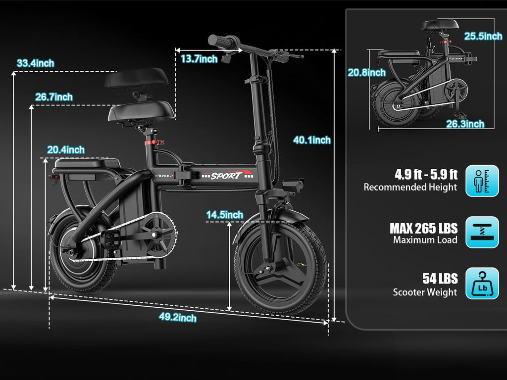 PostJoy Z6 14-inch folding electric bicycle, adult electric bicycle, 48V6AH battery, peak 500W motor, top speed of 20MPH, range of 30 miles, commuter/travel mini electric bicycle