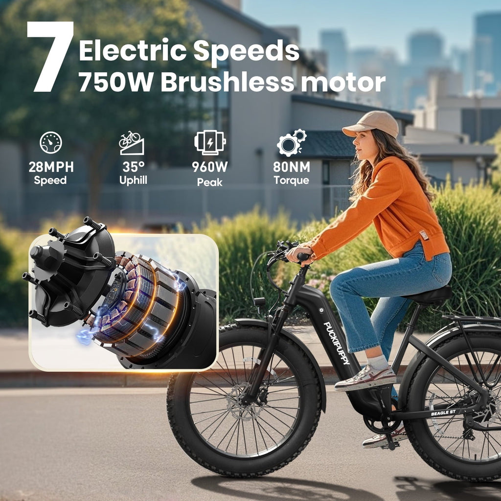 PUCKIPUPPY 960W Peak Electric Bike for Adults Step Through E-Bike 28mph Max Speed 60Miles Range 26 Fat Tire Electric Mountain Bike 48V 15AH Battery 7 Speed off-Road Ebike, Comply with UL2849 By SGS