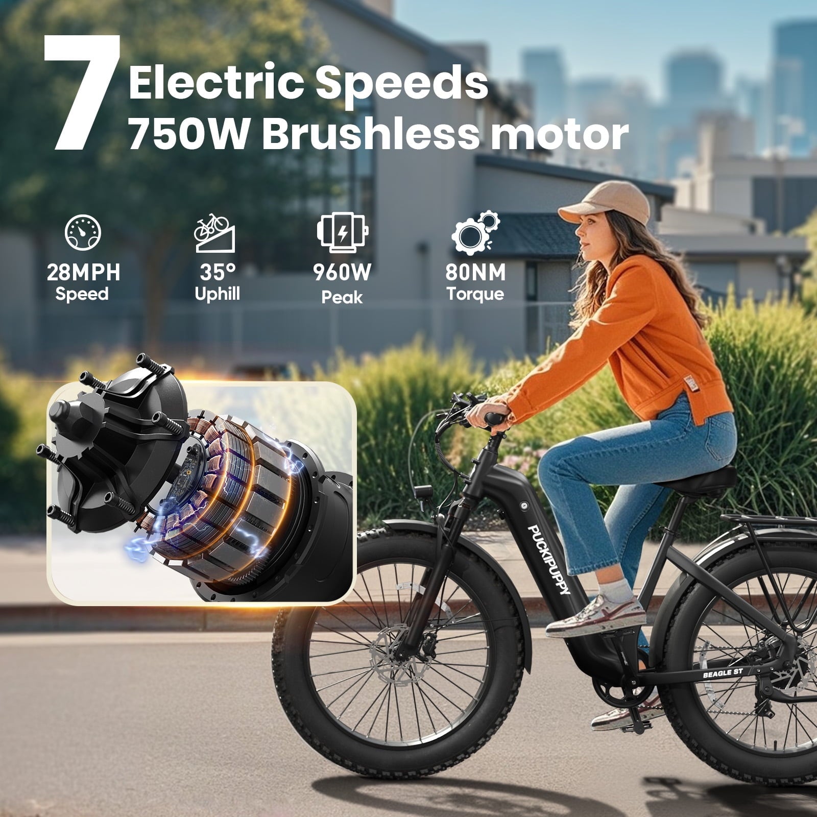 PUCKIPUPPY 960W Peak Electric Bike for Adults Step Through E-Bike 28mph Max Speed 60Miles Range 26 Fat Tire Electric Mountain Bike 48V 15AH Battery 7 Speed off-Road Ebike, Comply with UL2849 By SGS