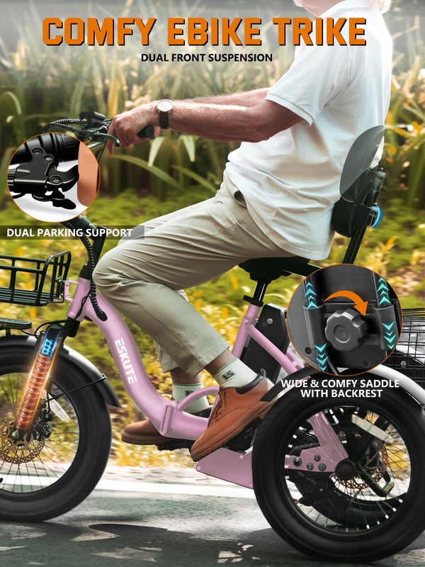 ESKUTE Electric Tricycle for Adults, 1200W Peak Motor, Up to 55 Miles Range, 624Wh Removable Battery, Folding 3-Wheel Ebike with 18x3.0 Fat Tires, Step-Through Red, UL2849