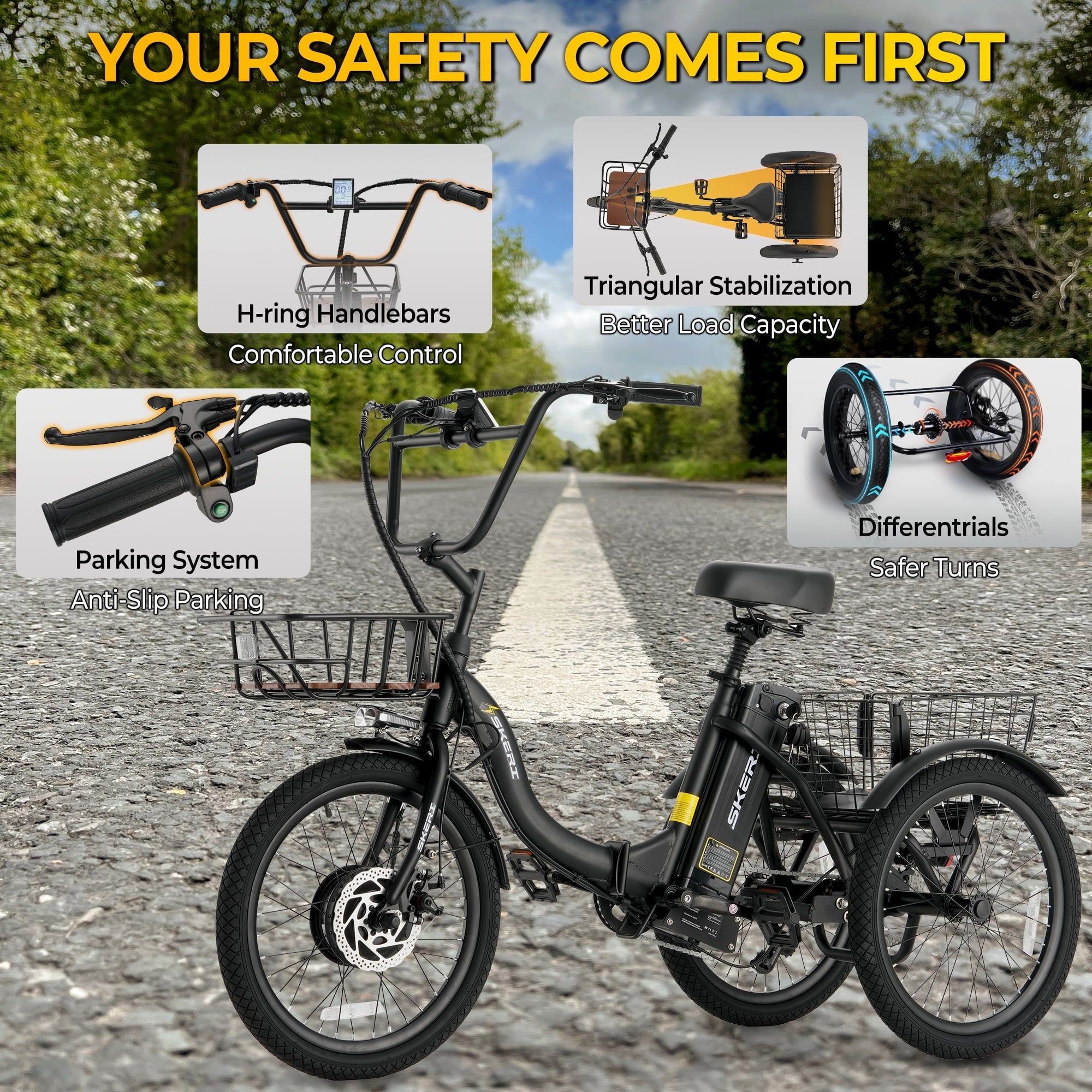 Electric Scooter Tricycle for Adults, 20” Folding Electric Trike,3 Wheels Electric Bicycle Bikes, Peak 1000W Step-Thru Etrike with 36V 13Ah UL2849  Removable Battery and Large Basket for Women Men
