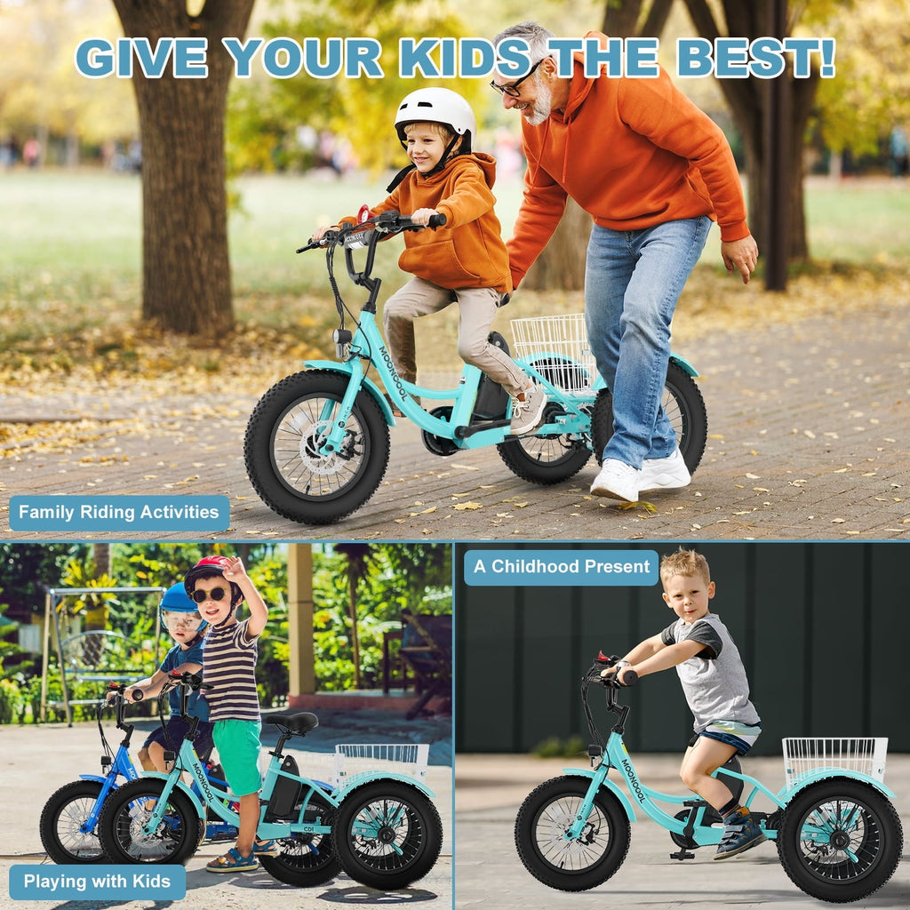 MOONCOOL Electric Tricycle for Kids ,16x3 3 Wheel 250W 10.4Ah Etrike W/ LED headlight & Rear Basket & horn bell & DIY stickers .6/9/12.5 MPH