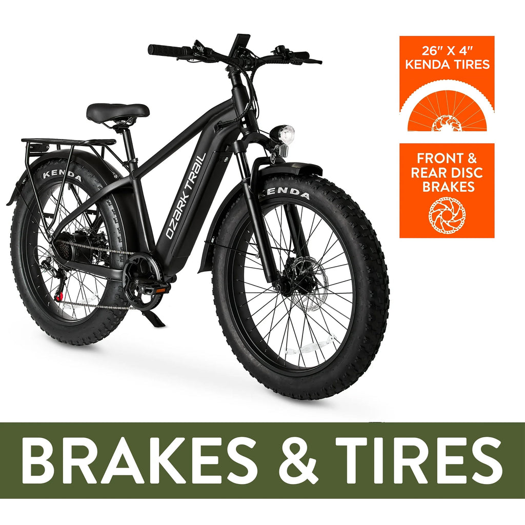 Ozark Trail 26 M.3 Ranger+ Electric Fat Tire Bike, 48V, Class 2, Black, Fits Riders 5'2 - 6'1, Adult, Unisex