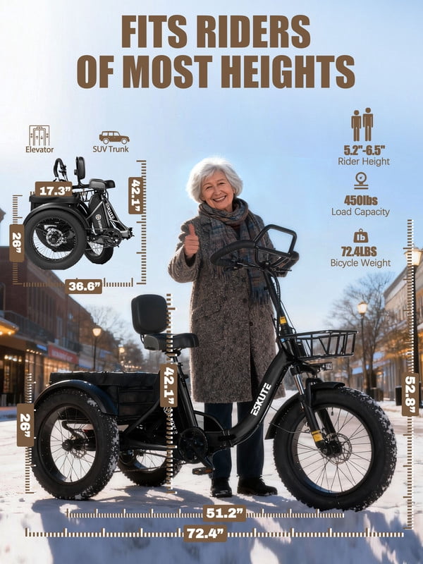 ESKUTE T300 Pro Electric Tricycle for Adults, E Trike, 1200W Peak Motor, 998.4Wh Battery, 20 x 4.0 Fat Tires, Foldable 3 Wheel Electric Bike, Stable Ride for Seniors & Parents Black, UL2849