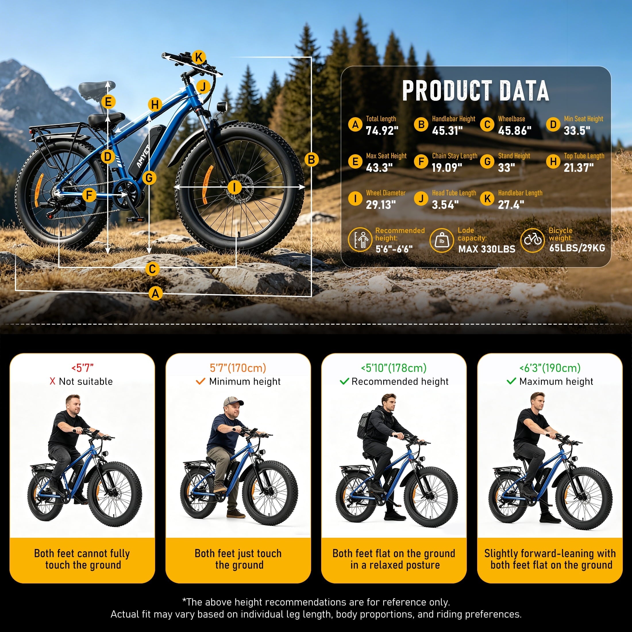 AMYET EB26 Electric Bike for Adults, Peak 1500W 48V 15Ah, 26 Fat Tire Ebike, E-Mountain Bicycle, UL2849