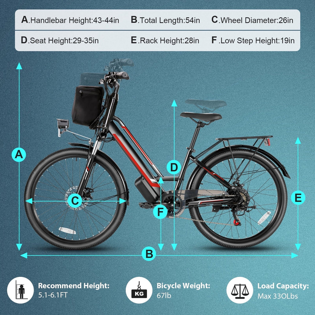 Elifine 500W Electric Bike for Adults, 26 Commuter Electric Bicycle 19.8mph City Ebike with 5 Riding Modes, 48V 7.8Ah Removable Battery UL 2849, LCD Intelligent Display Hybrid Electric Bike Red