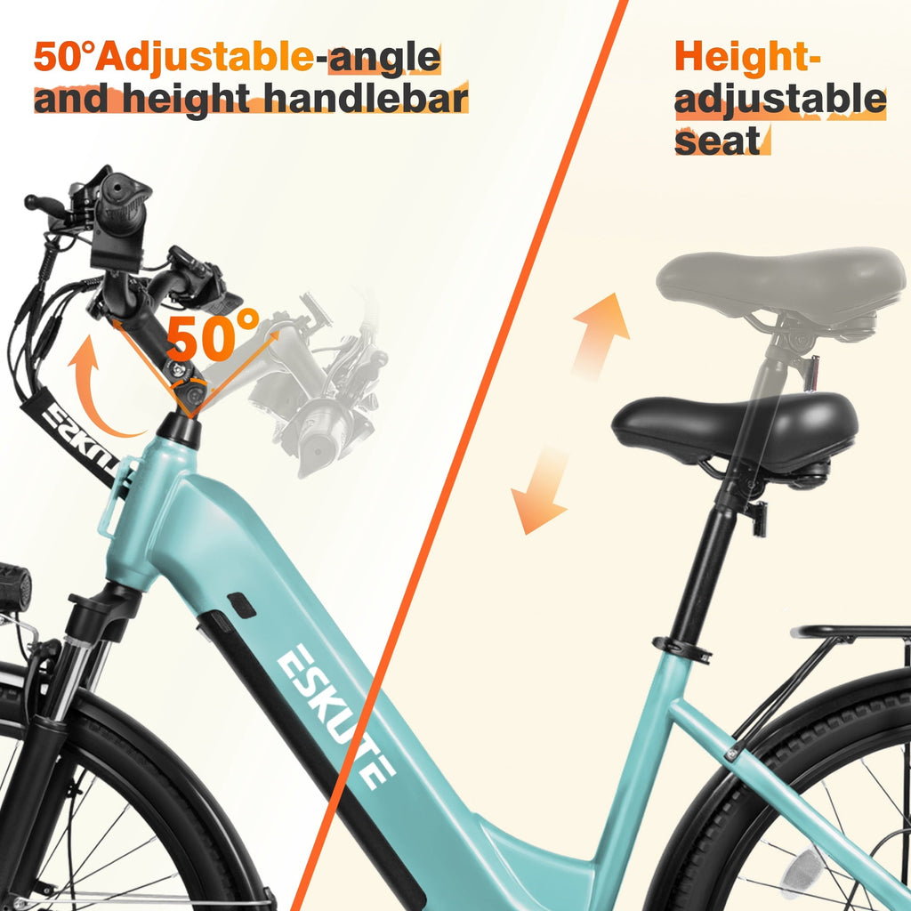 ESKUTE C200 Electric Bike for Adults, 1300W Peak Power Ebike, 28MPH Step-Thru E-Bicycle with 840Wh Removable Battery, Up to 70 Miles, 26 Tires, 7 Speed Adjustable Stem,white, UL2849