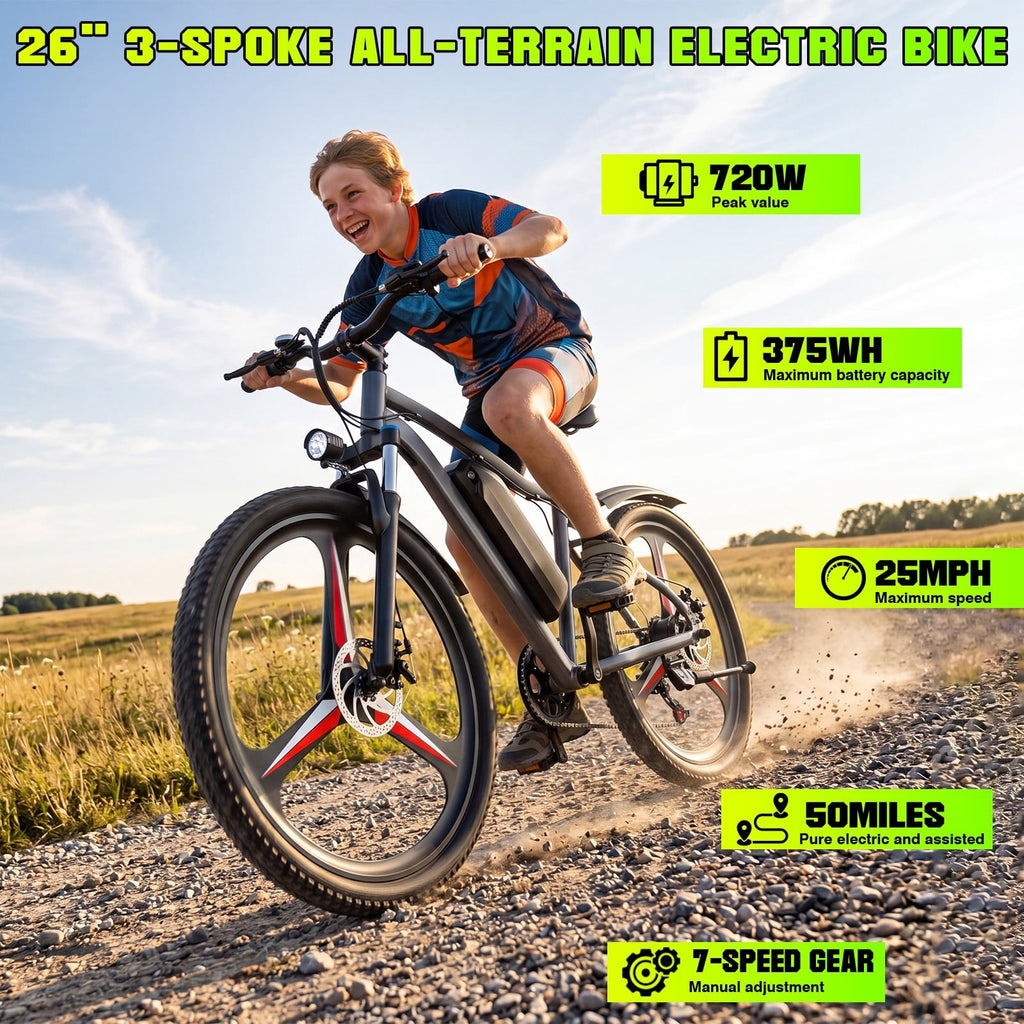 Electric Bike for Adults, 26 Commuter Ebikes with 7-Speed Gears, 25MPH, 720W Peak Motor, Removable Battery, 50 Miles Range, Electric Mountain Bicycle for All Terrain UL2849