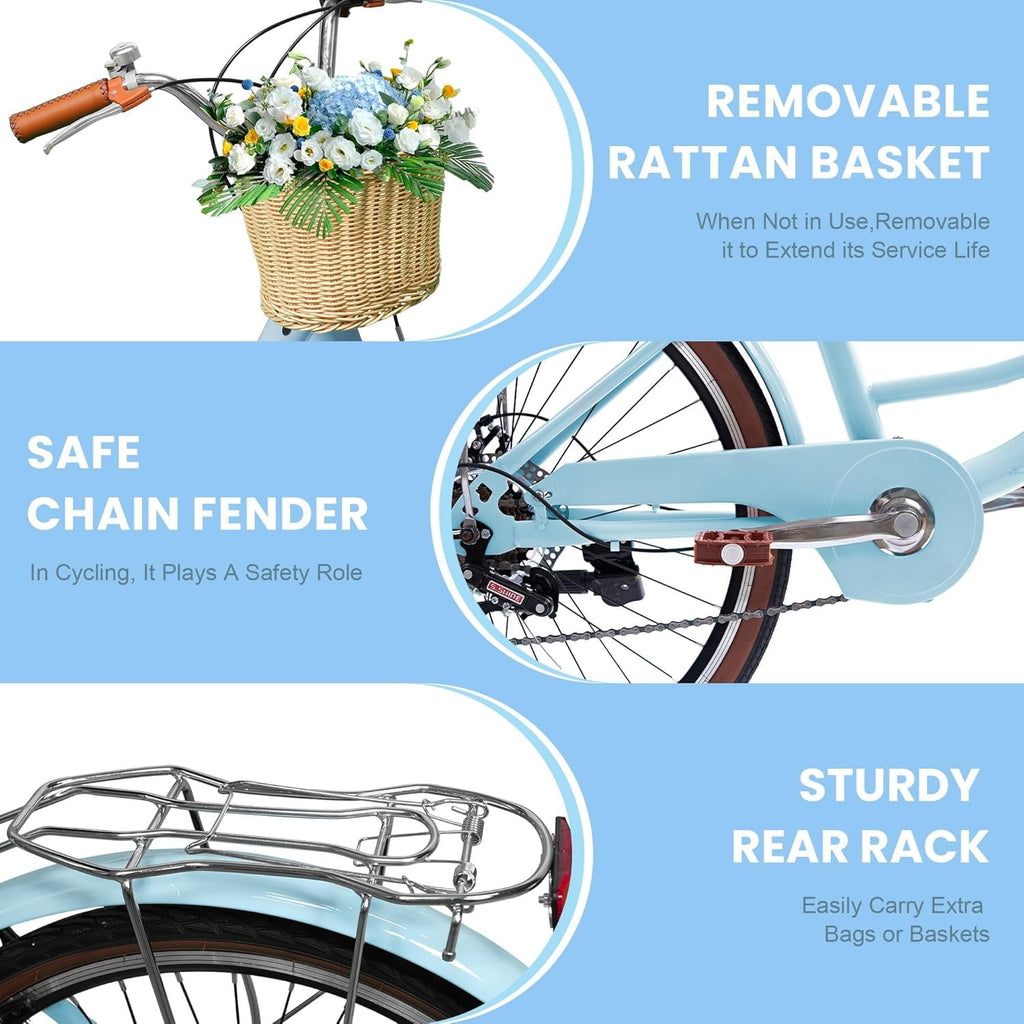 24 Beach Cruisers for Women, Pipleo Bikes for Women with Rattan Basket, 7-Speed & Step-Through Frame
