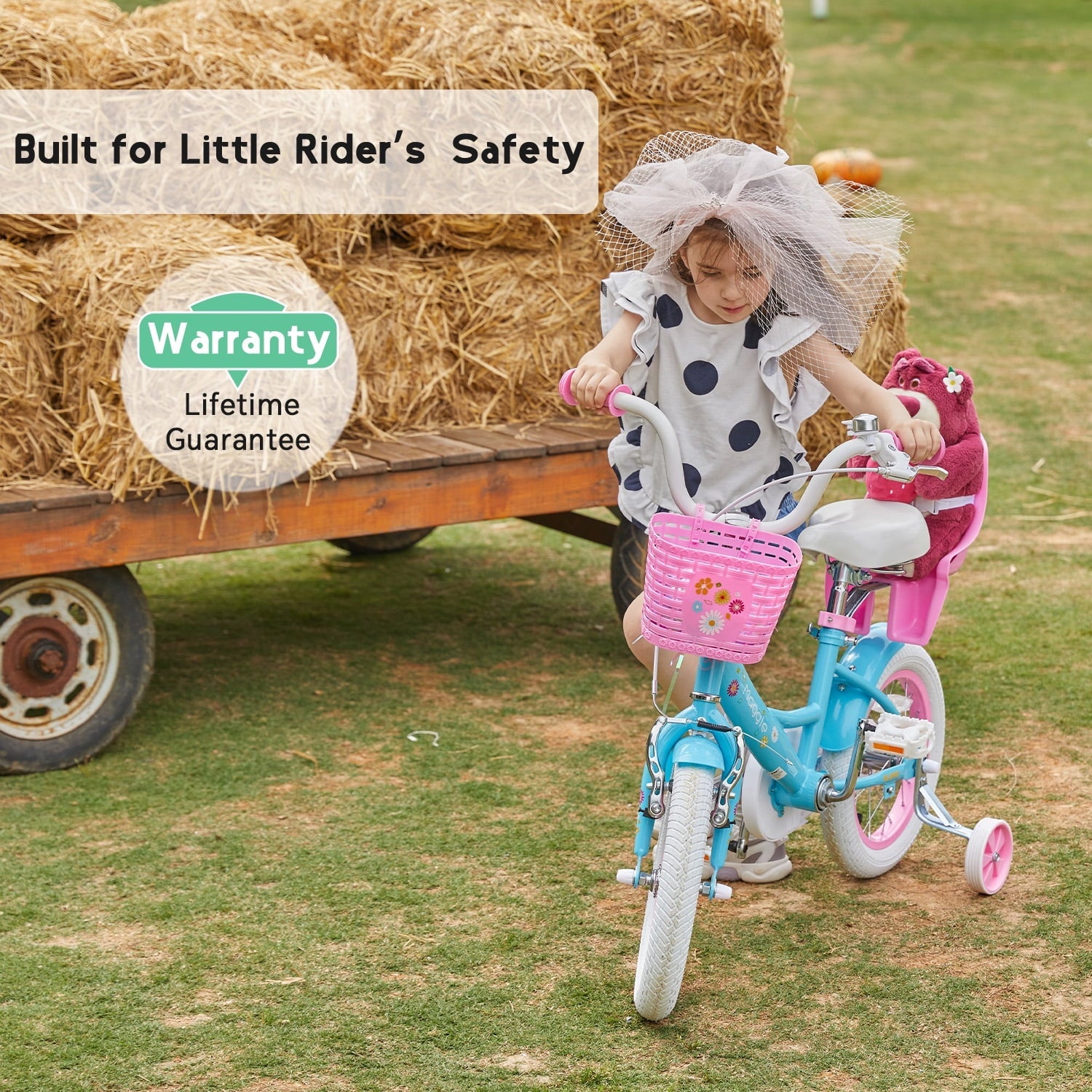 Glerc Maggie 14 inch Kids Girls Bike for Ages 3-5 Years Old Children, Princess Style Kids Bicycle with Doll-Seat & Basket & Training Wheels, Pink