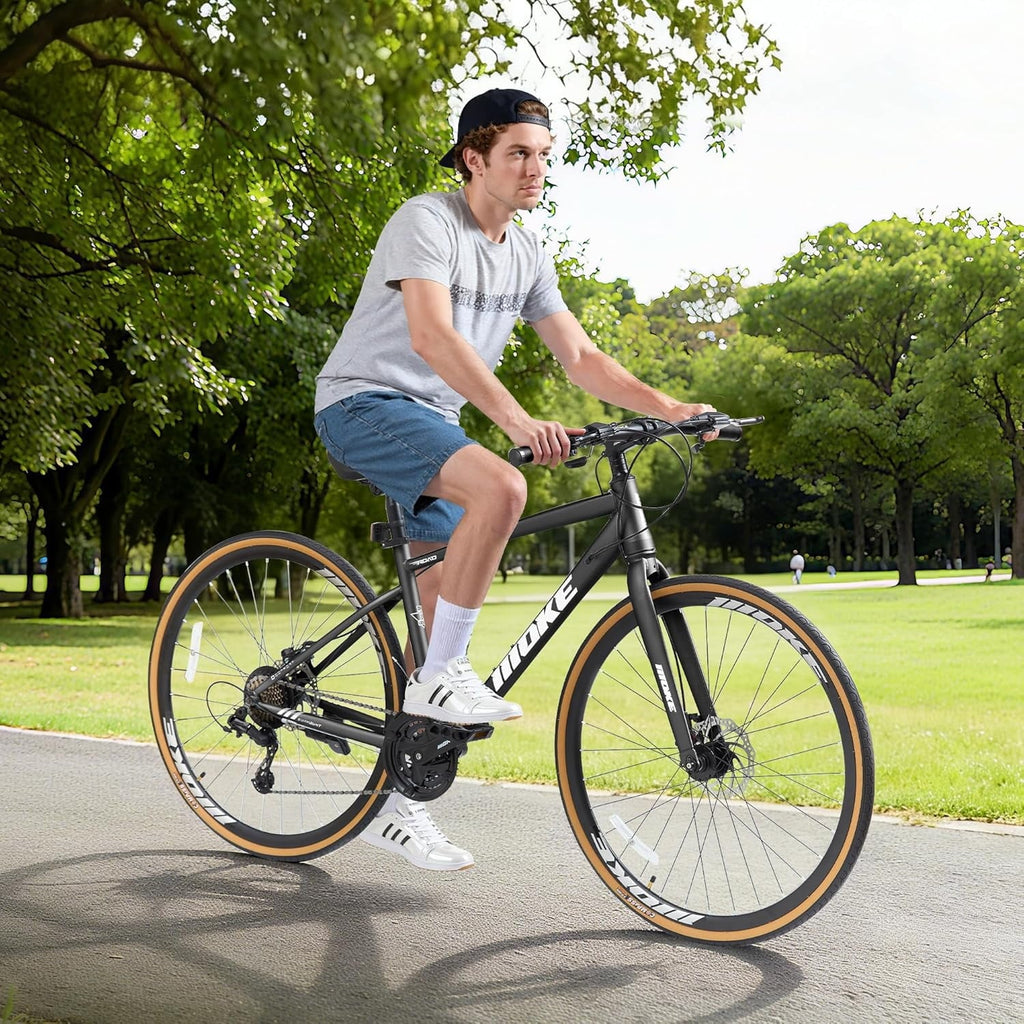 Mens Road Bike, NEORIVER 700C 24-Speed Hybrid Bike for Adults, Features Dual Disc Brakes, Trigger Shifting, Internal Wiring & Lightweight Frame for City Commuting