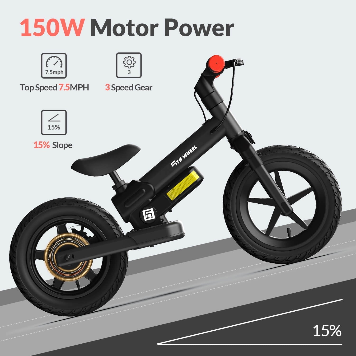 5TH WHEEL KB09 Electric Bike for Kids, 150W Electric Balance Bike Ages 3-8 Years Old, 12 Pneumatic Tire with Dual Brake, 3 Speed Modes Kid Electric Motorcycle