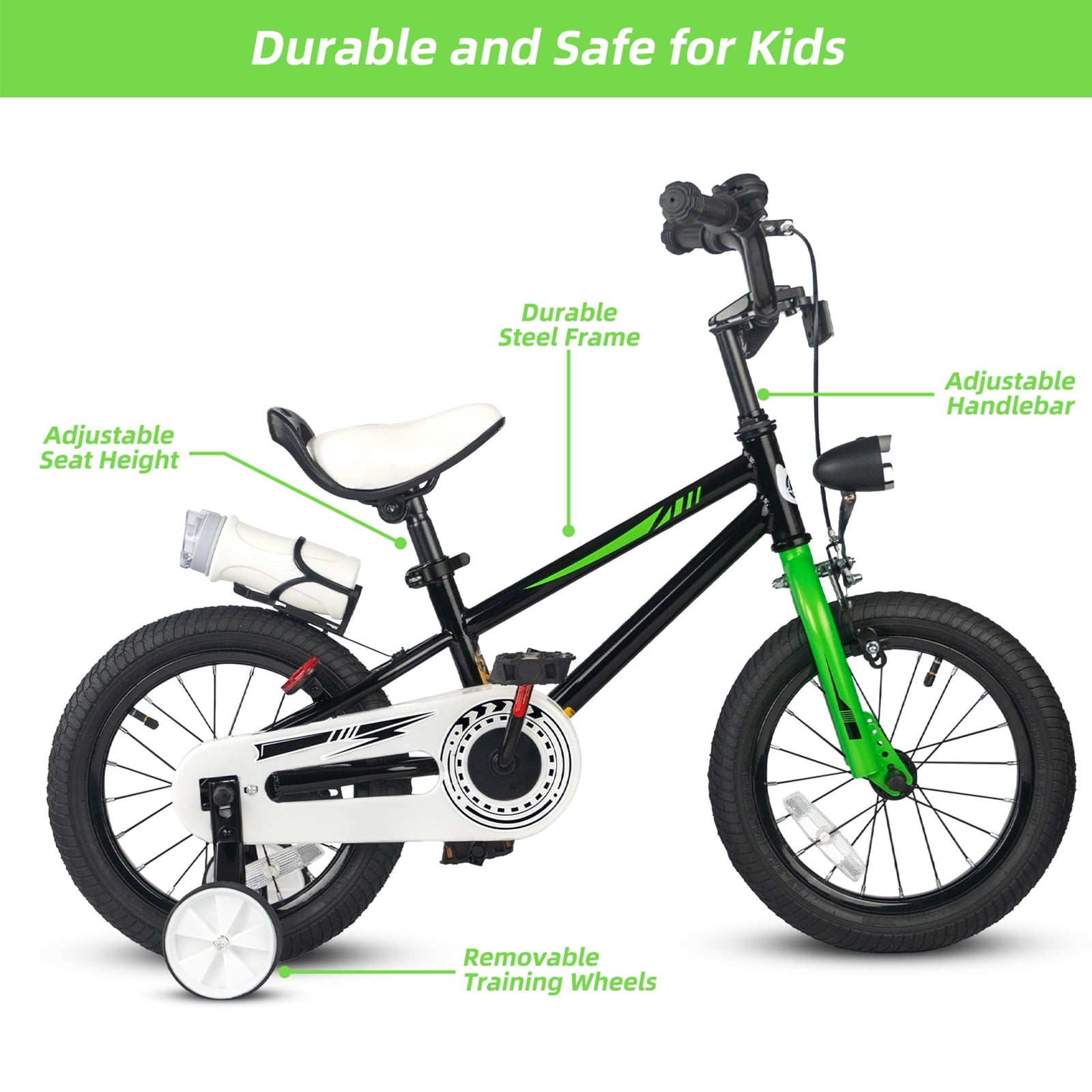 GLAF 12 14 16 Inch Boys Bike with Training Wheels & Water Bottle Holder, for Kids Ages 2-7 Years, Durable Construction, Green