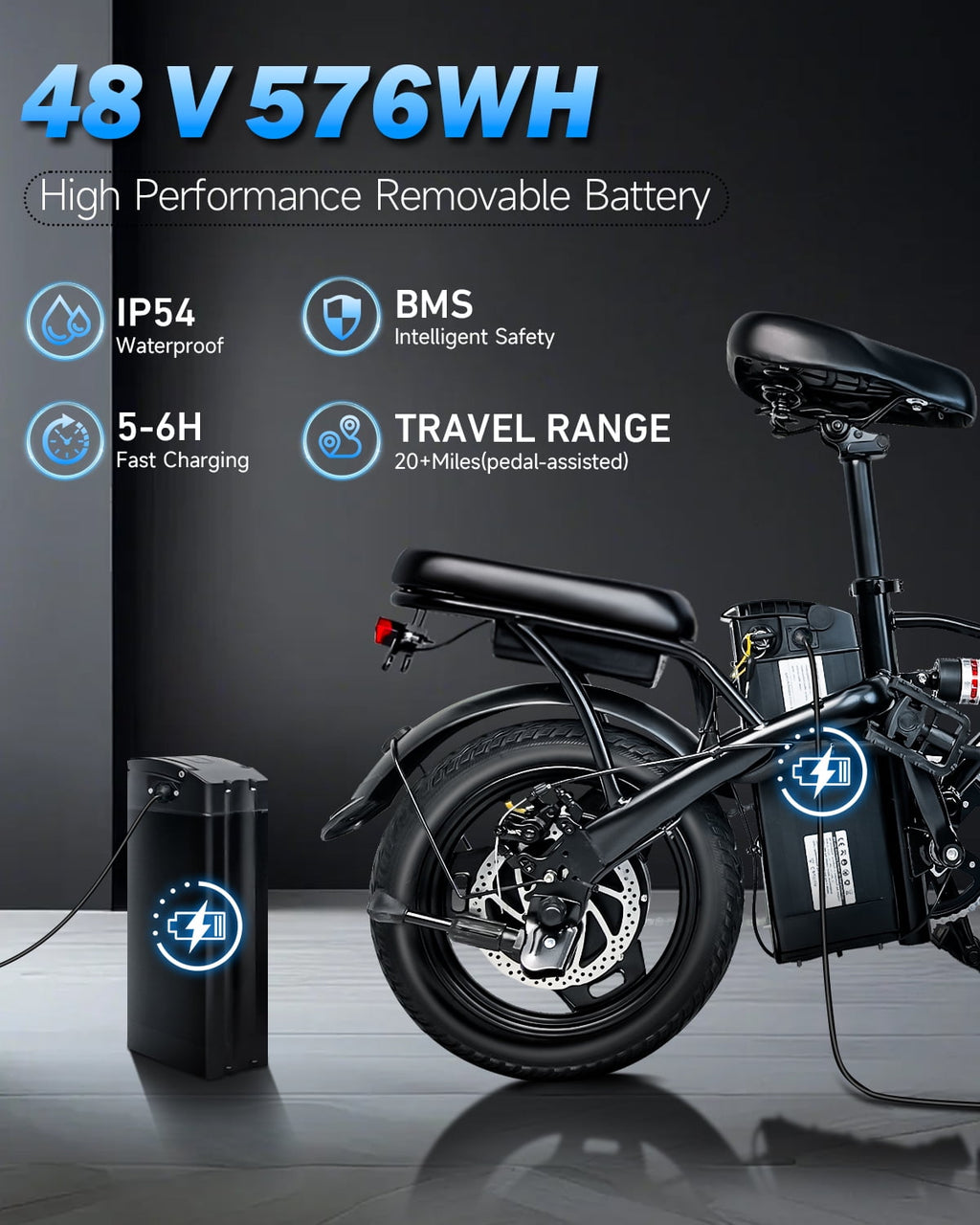 BroPath Electric Bike for Adults, Ebike, Electric Bicycle with 576WH Removable Battery,14 Folding Ebike, 21MPH,20+ Miles(MAX),500W High Motor,Multi-Shock Absorption,Commuting Mini E Bikes,UL2849