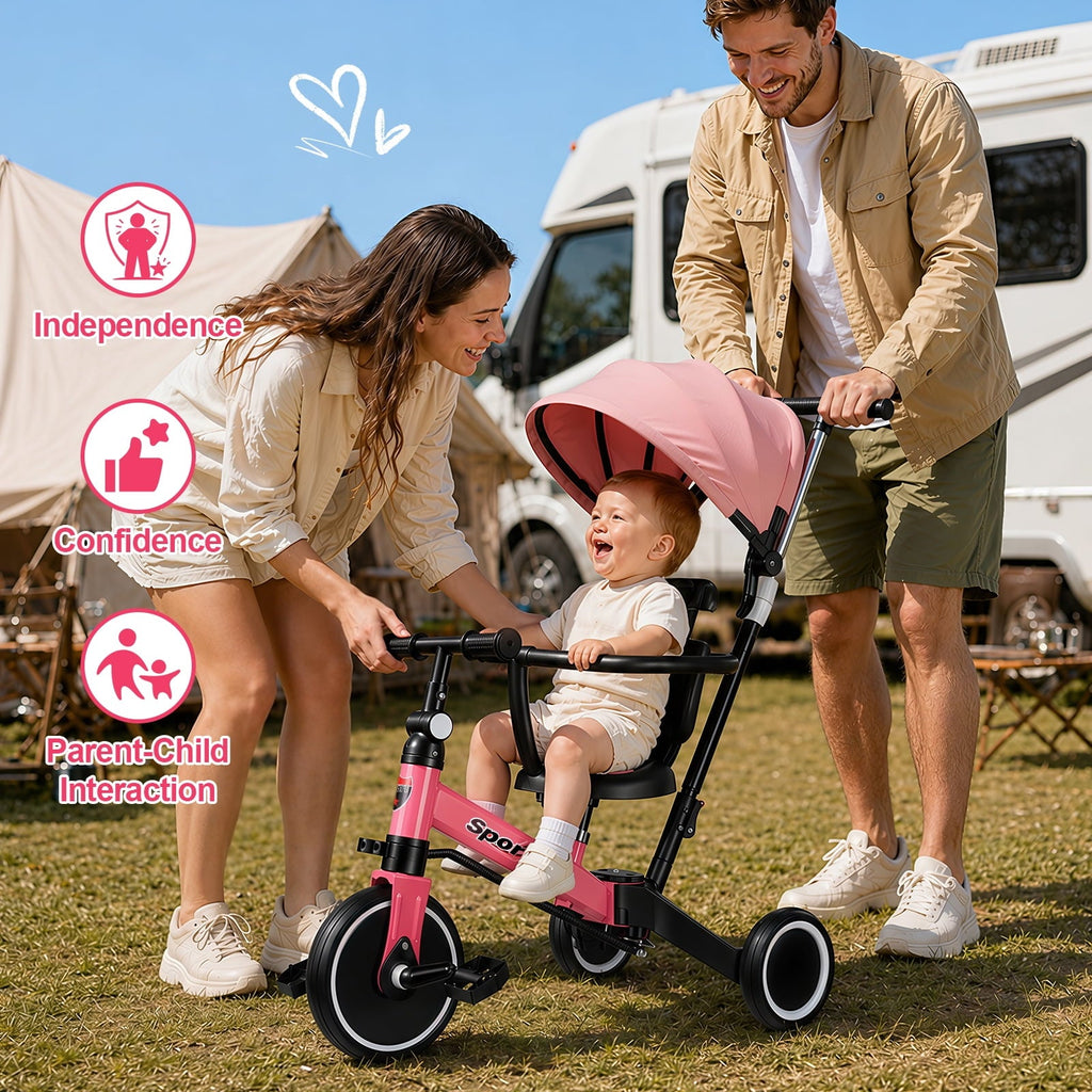 WLRETMCI 7 in 1 Toddler Bike, Tricycle for Toddlers 1-5 Year Old with UV Canopy, Balance Bike with Parental Control Handle, Adjustable Seat Height, Removable Pedal, Backrest (Pink)