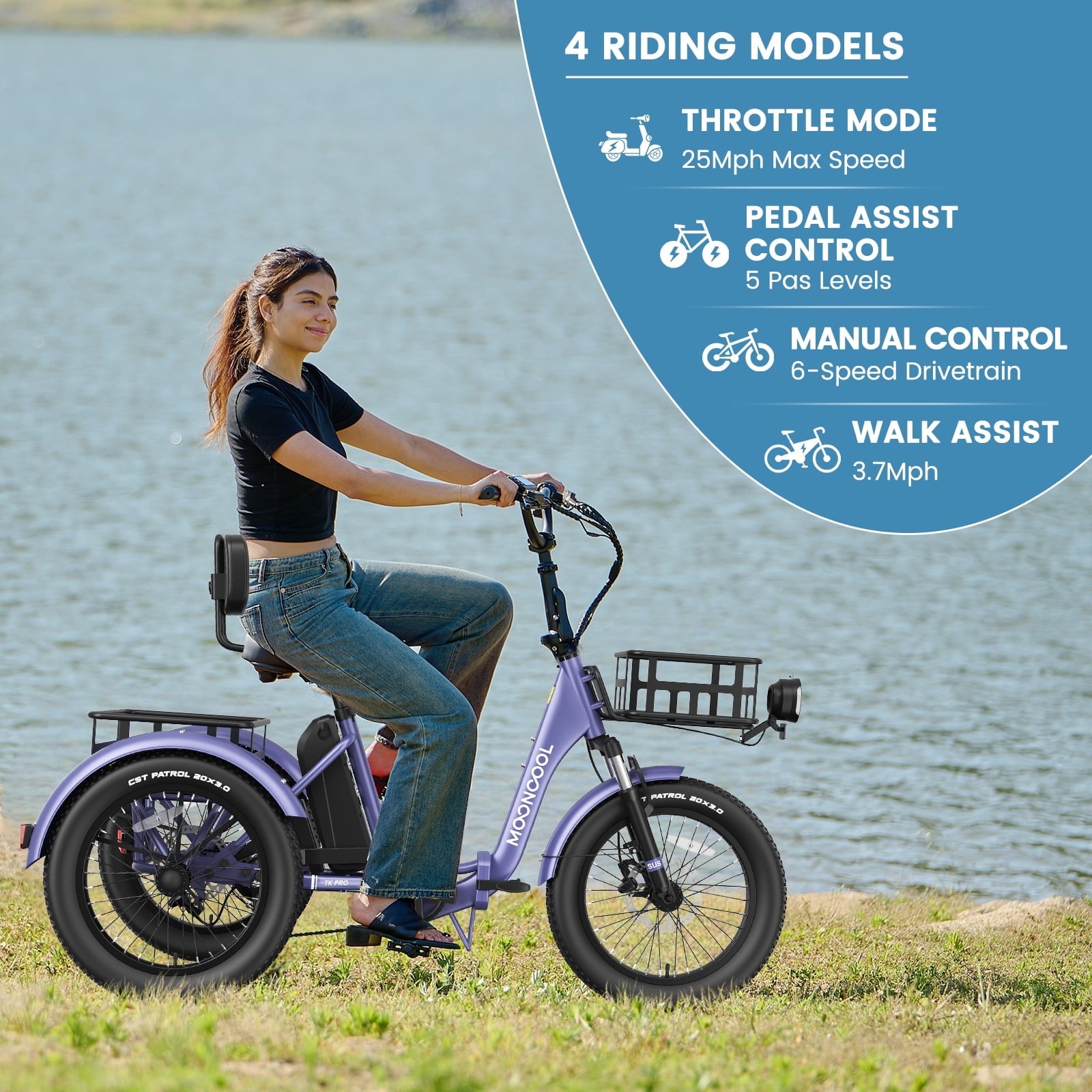 MOONCOOL TK Pro Foldable Electric Tricycle W/ Rearview mirror accessory Kit, 1500W Motor 48V 20Ah Battery, 20 Fat Tire Three Wheel 6-Speed Electric Mountain Bicycle for Adults