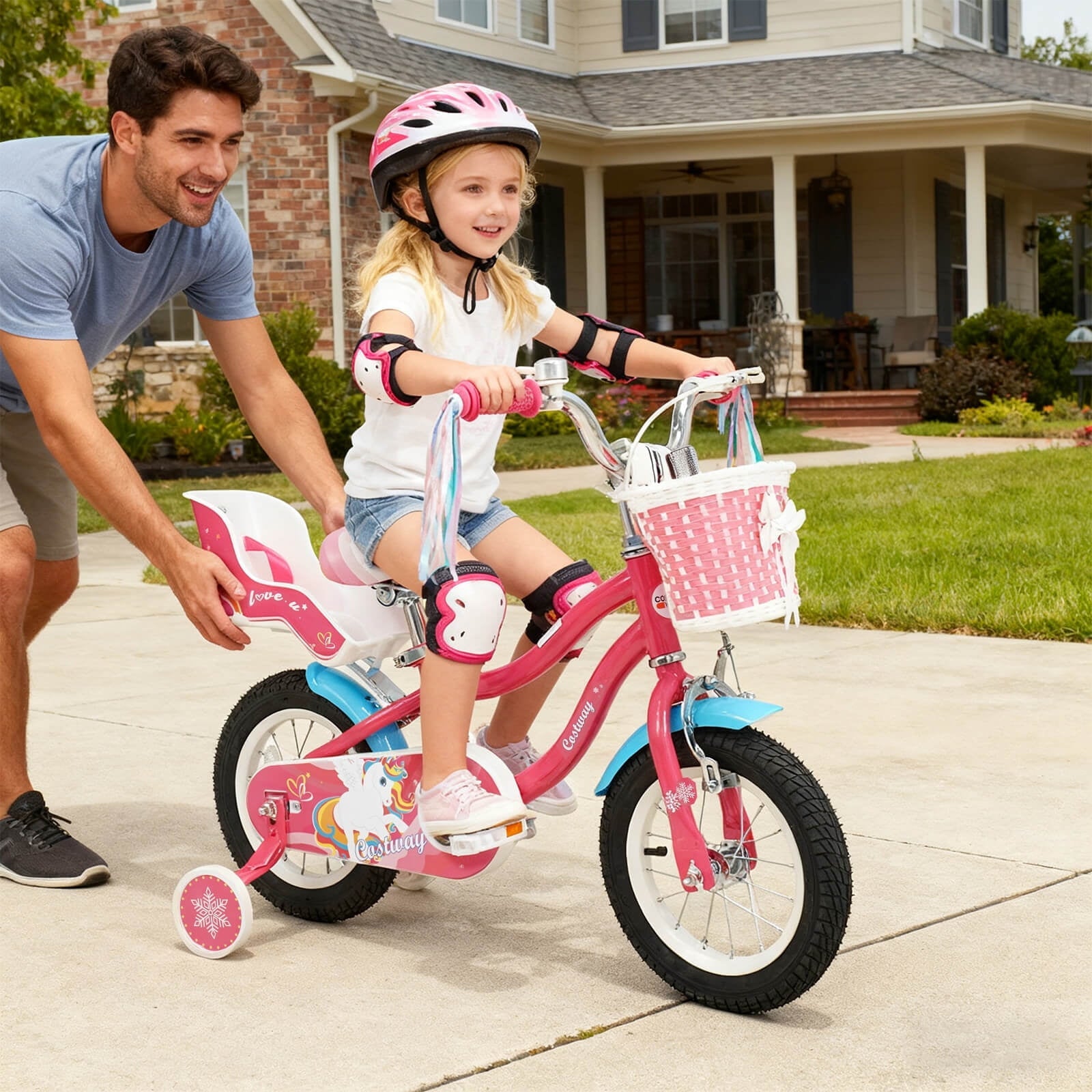 Costway 18 Inches Kids Bicycle with Training Wheels & Basket for Girls Age 4-8 Years Pink