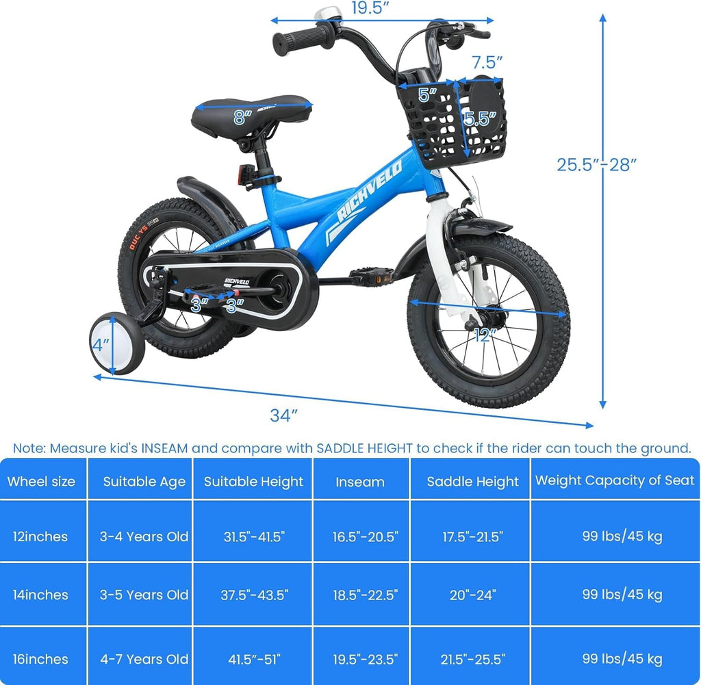 Kids Bike 12 Inch for Boys Girls, BMX Style Kids' Bicycle with Removable Training Wheels and Basket, Coaster Brake Toddlers Children's Bicycle Gift for Boys Girls 2-4 Years Old, Blue