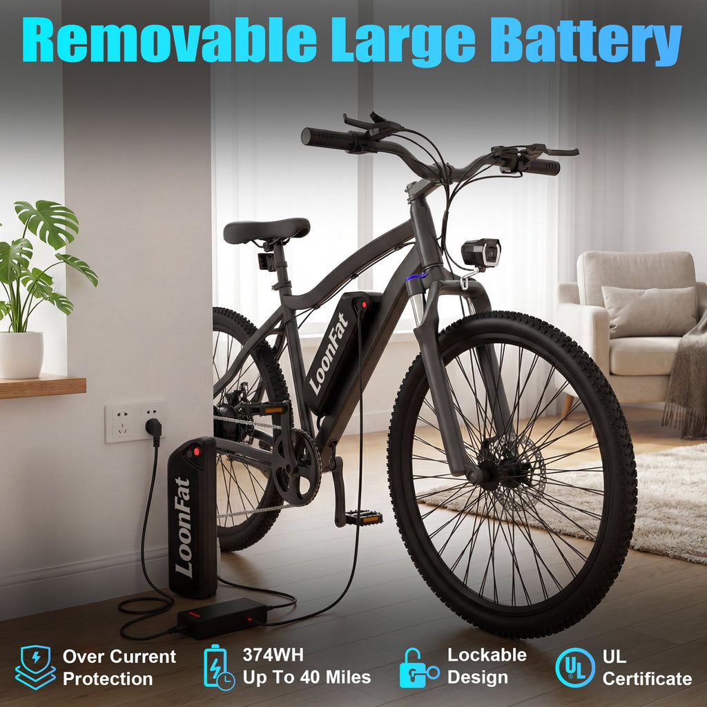 Loonfat E26 26-inch Adult Electric Bike (Black), 750W Peak, 36V 10.4Ah Battery, 35-Mile Range, High Carbon Steel Frame, 7-Speed, UL 2849 Certified