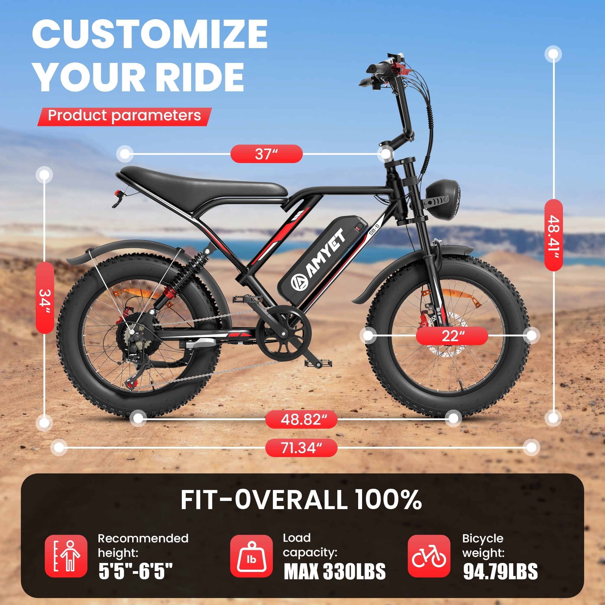AMYET S8-S Electric Bike 1000W(1500W Peak), 48V 20Ah, 20x4.0 Fat Tire Ebike for Adults, Hydraulic Disc Brakes E-Mountain Bicycle, UL2849