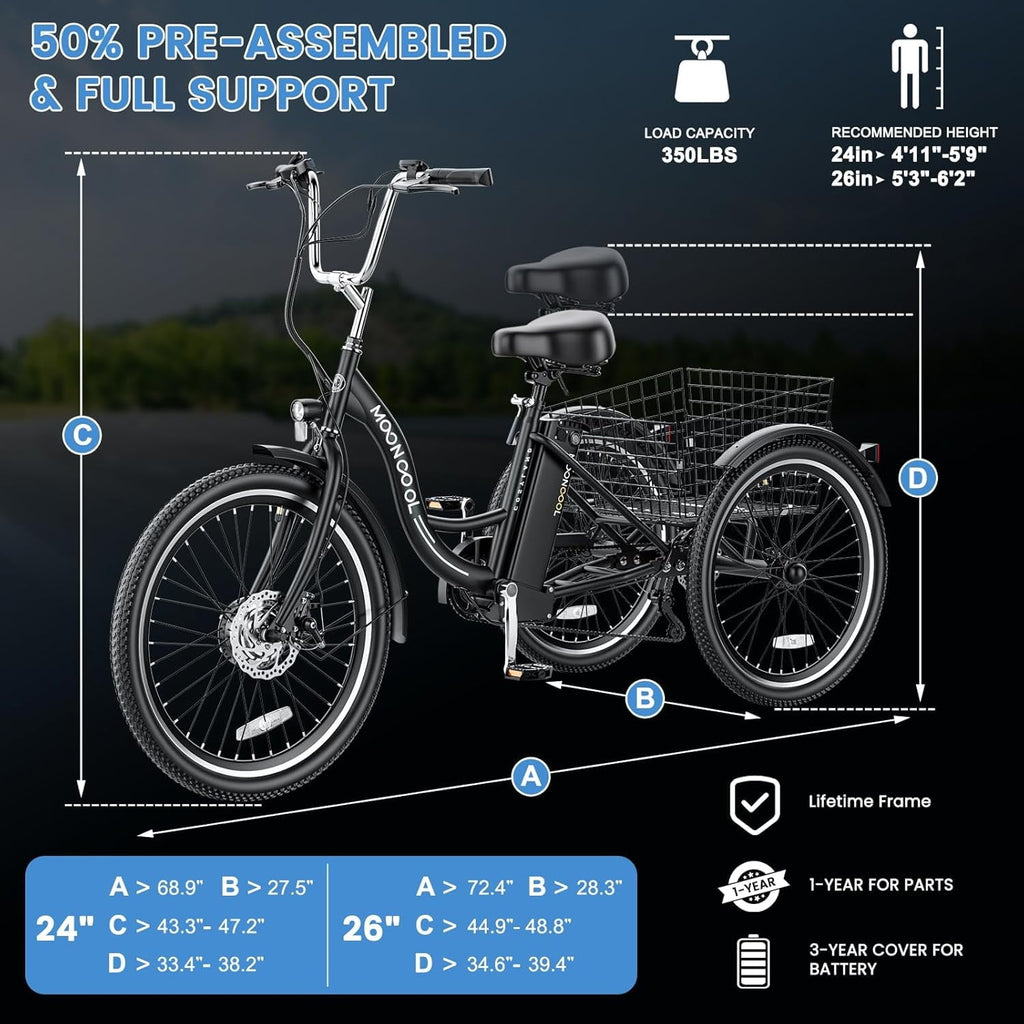 MOONCOOL Electric Trike for Adults w/ Rearview Mirror kit, 700W Peak Motor 10.4Ah battery .24/26 7 Speeds 3 Wheels Low Step Through Unisex Electric Trikes .35-60Miles