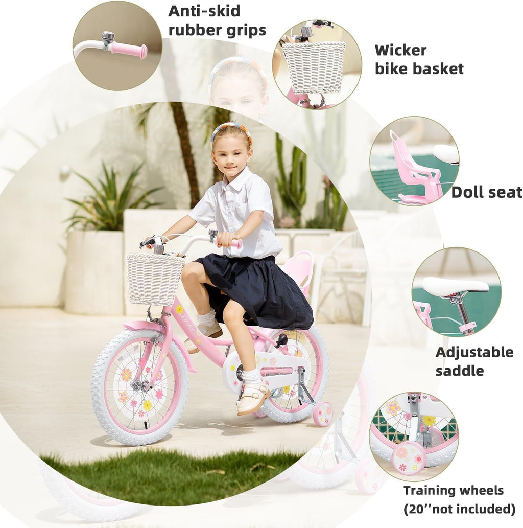 ACEGER 14 Inch Girls Bike with Basket, Training Wheels, Doll Seat, Purple Kids Bicycle for Ages 3-5