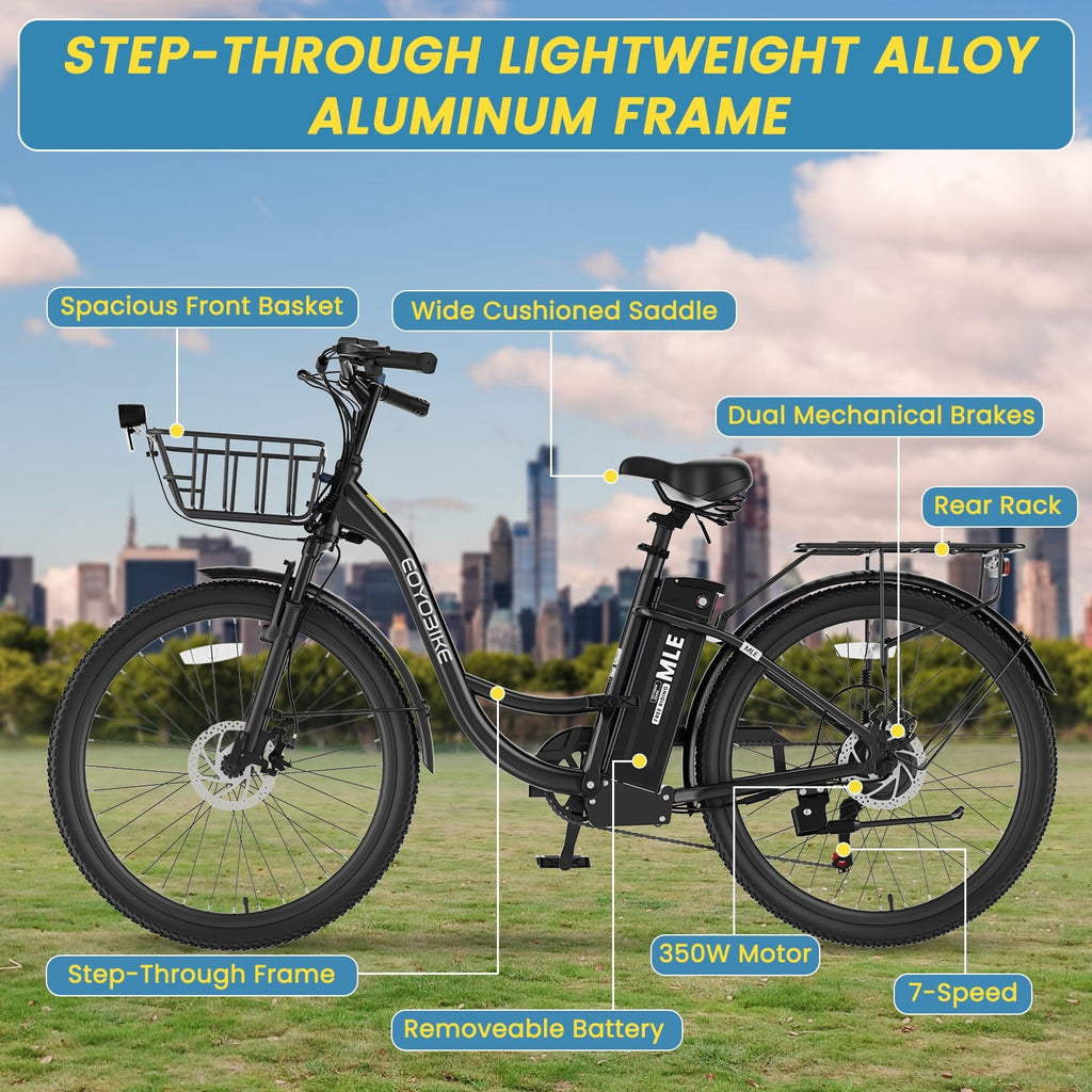 MOONCOOL Electric Bicycle for Adults 350W , 7-Speed Ebike with 36V 10.4Ah Removable Battery . 40 Miles Range , 20 mph Electric Commuter Bike for Women Men
