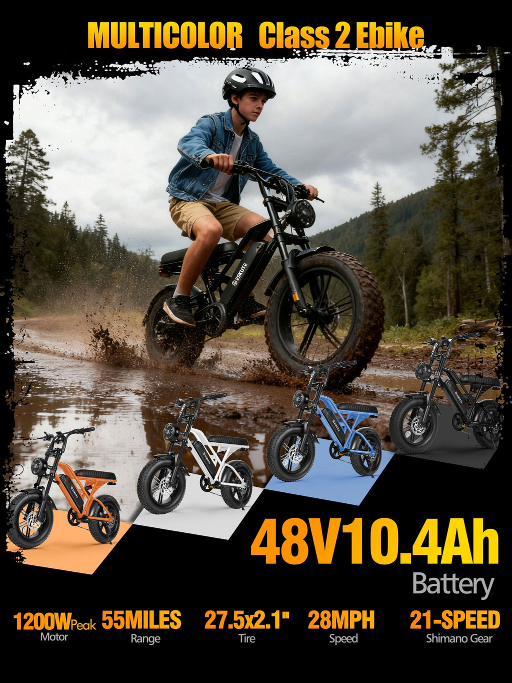 ESKUTE V100 Electric Bike for Teens Adults Students, 750W 28 Mph 48V 13 Ah,16x4.0 Fat Tire E Bicycle, 7-Speed Dual Suspension Mountain EBike Black, UL2849