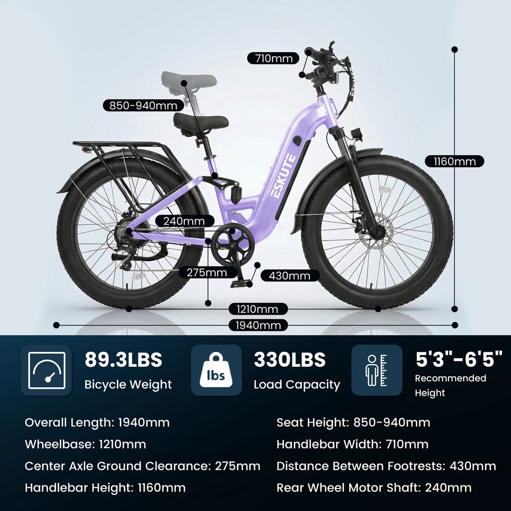 ESKUTE C300 1500W Electric Bike for Adults, 48V 20.8Ah Battery, 32MPH, 80 Miles Range, 26x4.0 Fat Tire Step-Thru Ebike, Full Suspension Electric Bicycle, 8-Speed Pink, UL2849