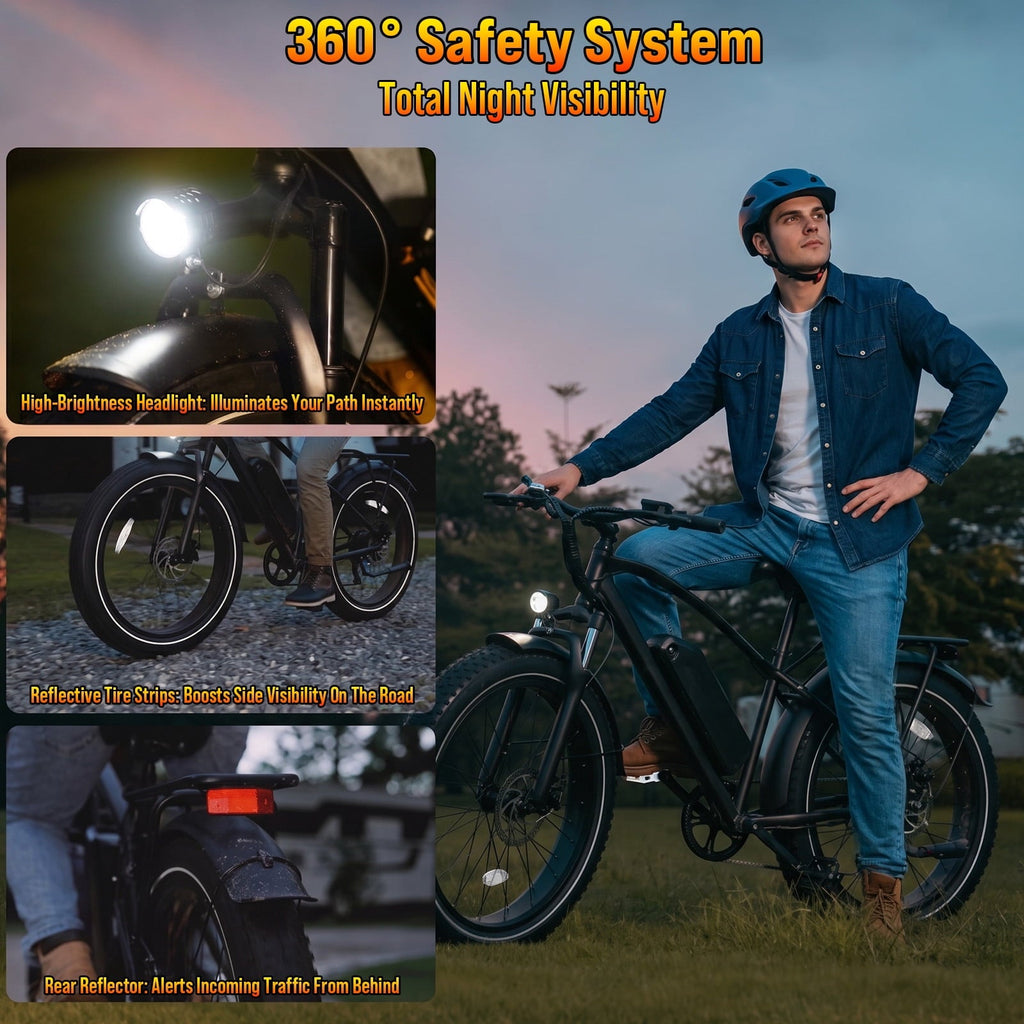 Rexei Yeki 26 Fat Tire EBike, 1200W Electric Bike for Adults, 48V 15AH Battery, 28 MPH Max Speed, 7-Speed , 500 lbs, Front Suspension, Dual Disc Brakes, LCD Display, UL2849