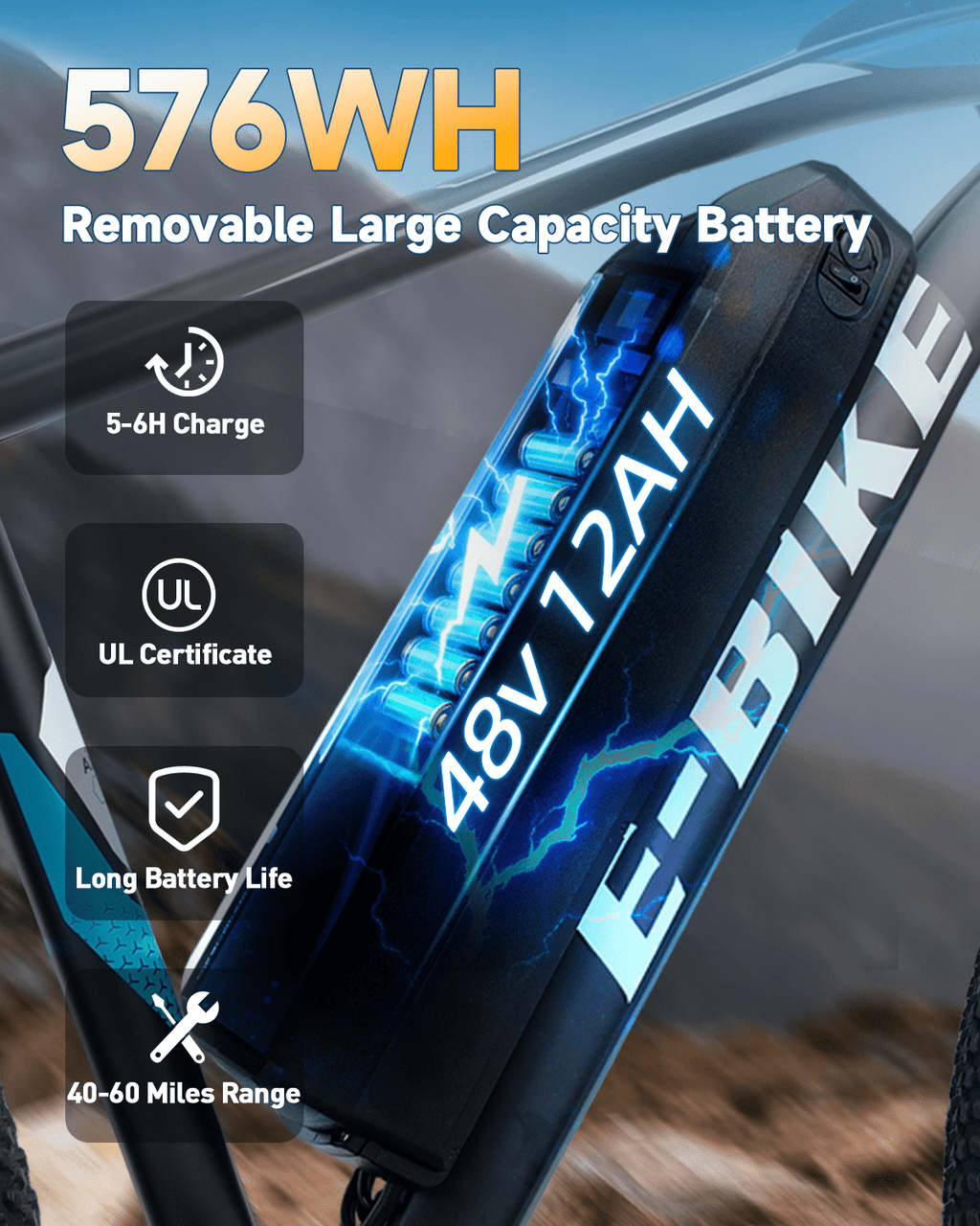 XKJ Electric Bike for Adults, 26”Electric Mountain Bike 576Wh Internal Battery & LCD Display,750W (Peak) Motor,7-Speed, Lightweight Ebike for Teens,40 Miles, Full Suspension,UL2849