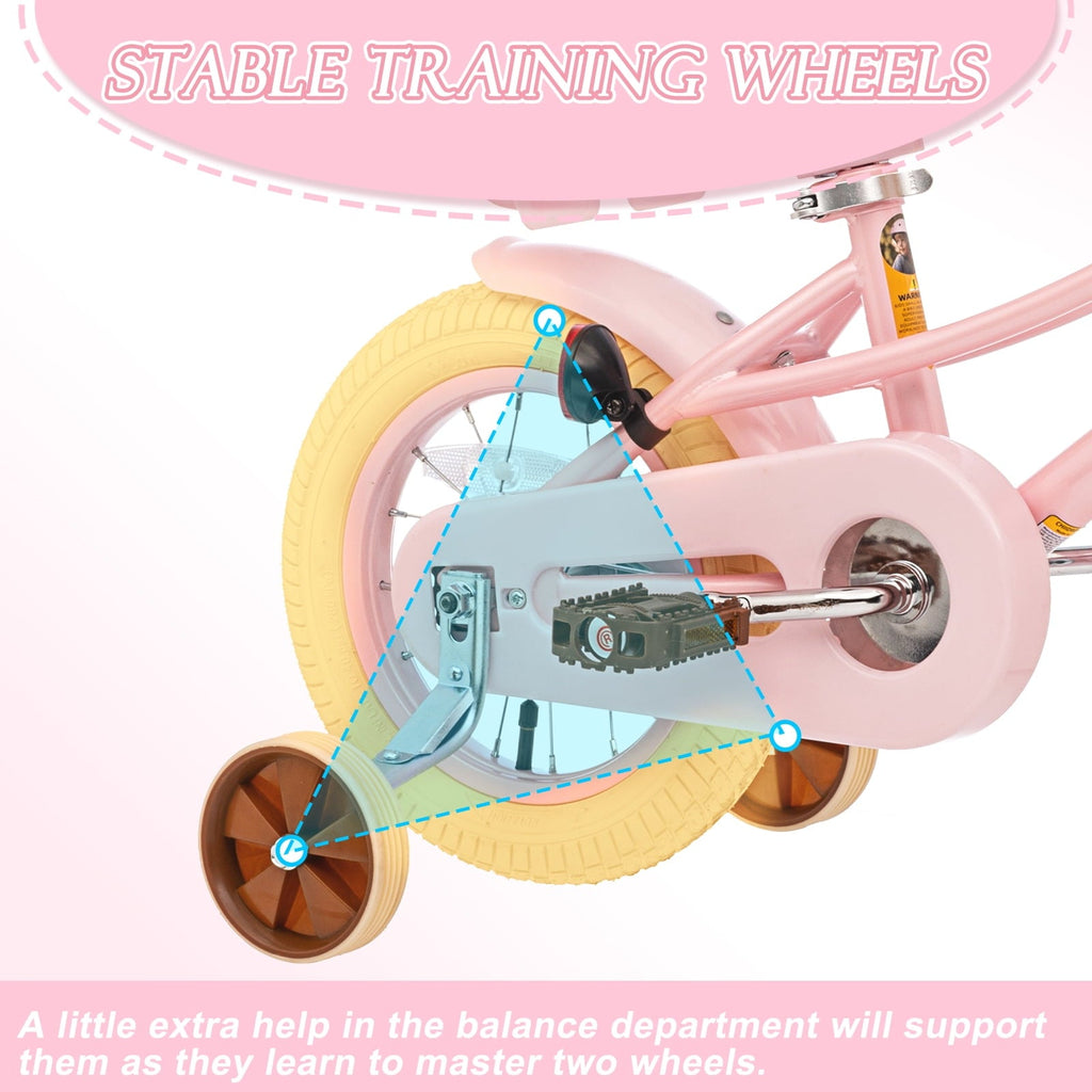 KORIMEFA Girl Bike for Toddlers and Kids Ages 3-6 Years Old, 12 inch Kids Bike with Training Wheels & Basket, 12 in Girl Bicycle with Handbrake & Kickstand